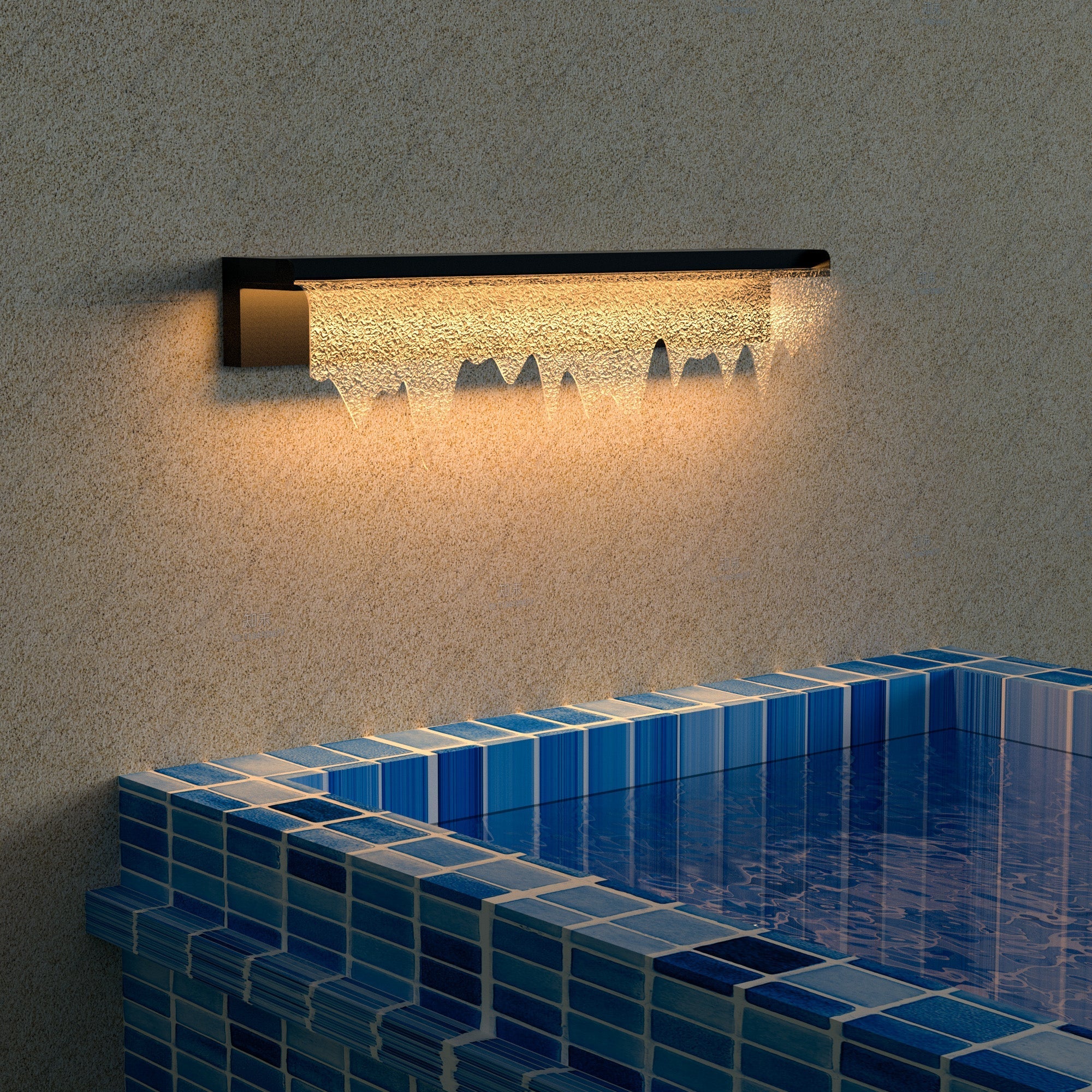 Acrylic Waterfall Outdoor Light illuminating poolside wall with soft, elegant waterfall-style lighting for serene ambiance.