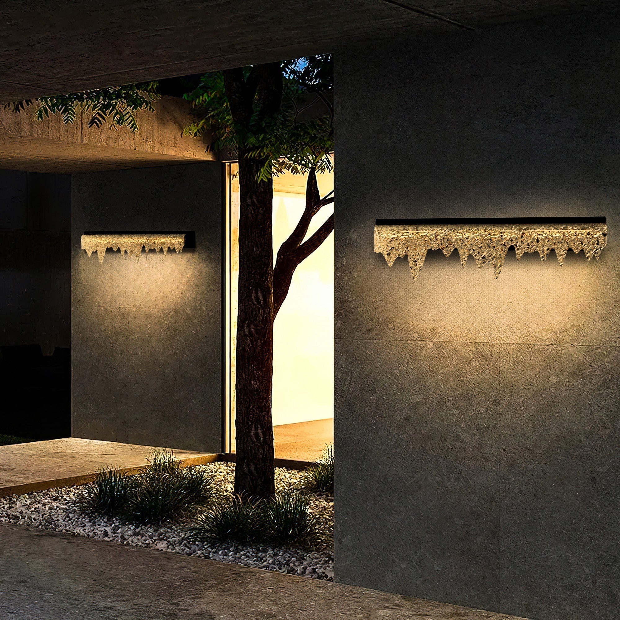 Acrylic Waterfall Outdoor Light illuminating a modern patio wall with soft, elegant cascading light for outdoor ambiance.