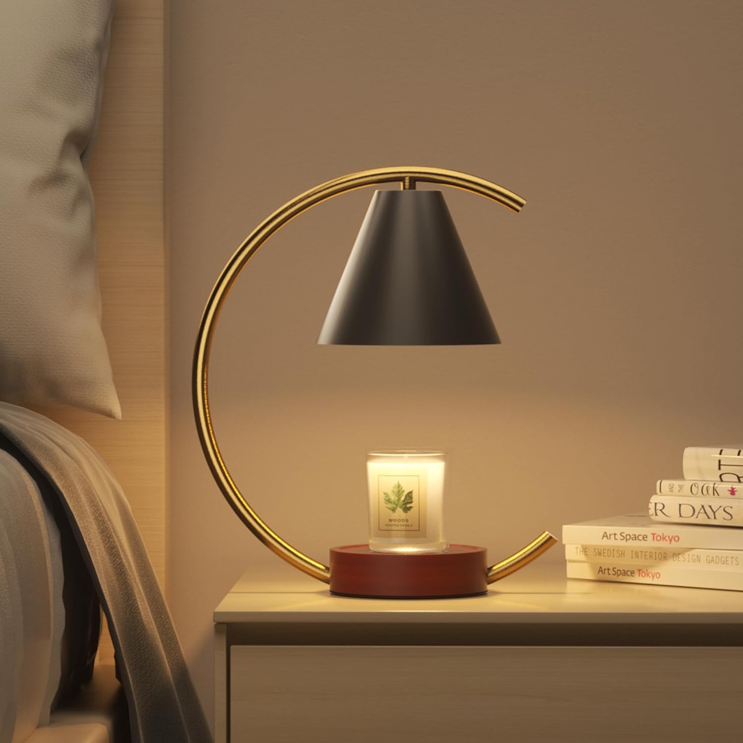 Aura Candle Warmer Lamp heating candle safely with no flame, smoke, or soot for a clean, cozy home fragrance experience.