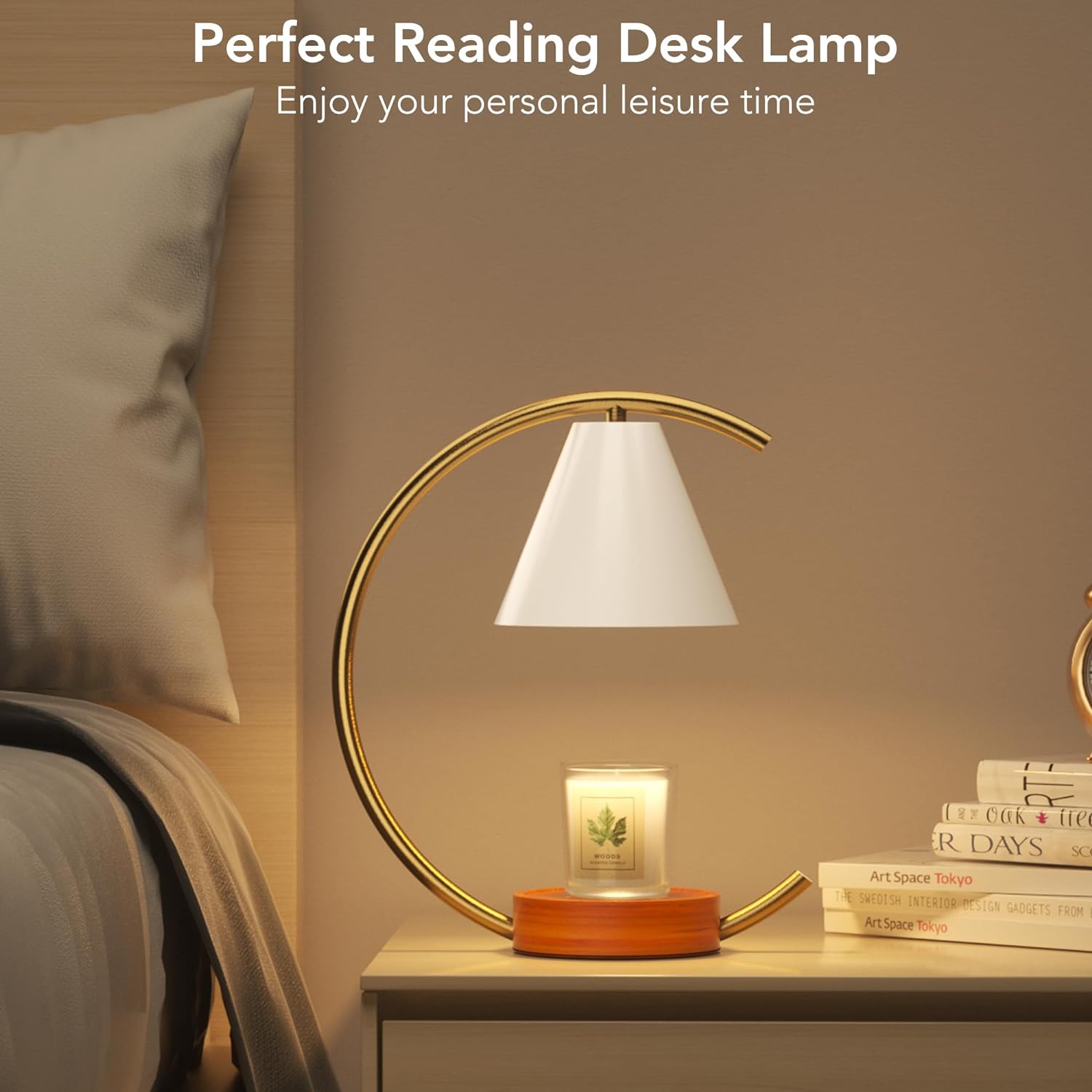 Aura Candle Warmer Lamp melting a candle safely with dimmer and timer in a stylish, flame-free design for home fragrance.