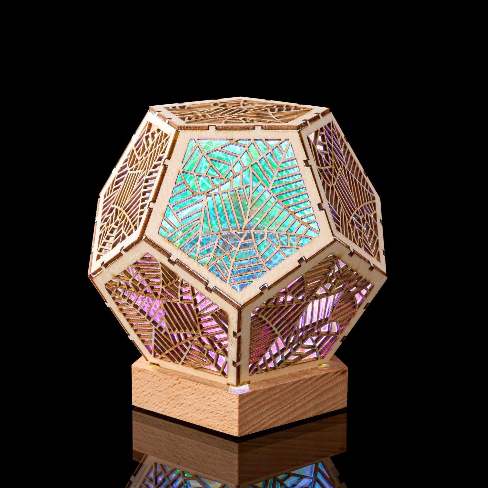 Bohemian Polar Star Table Lamp with geometric wood design and colorful 3D light patterns for calming bohemian decor.