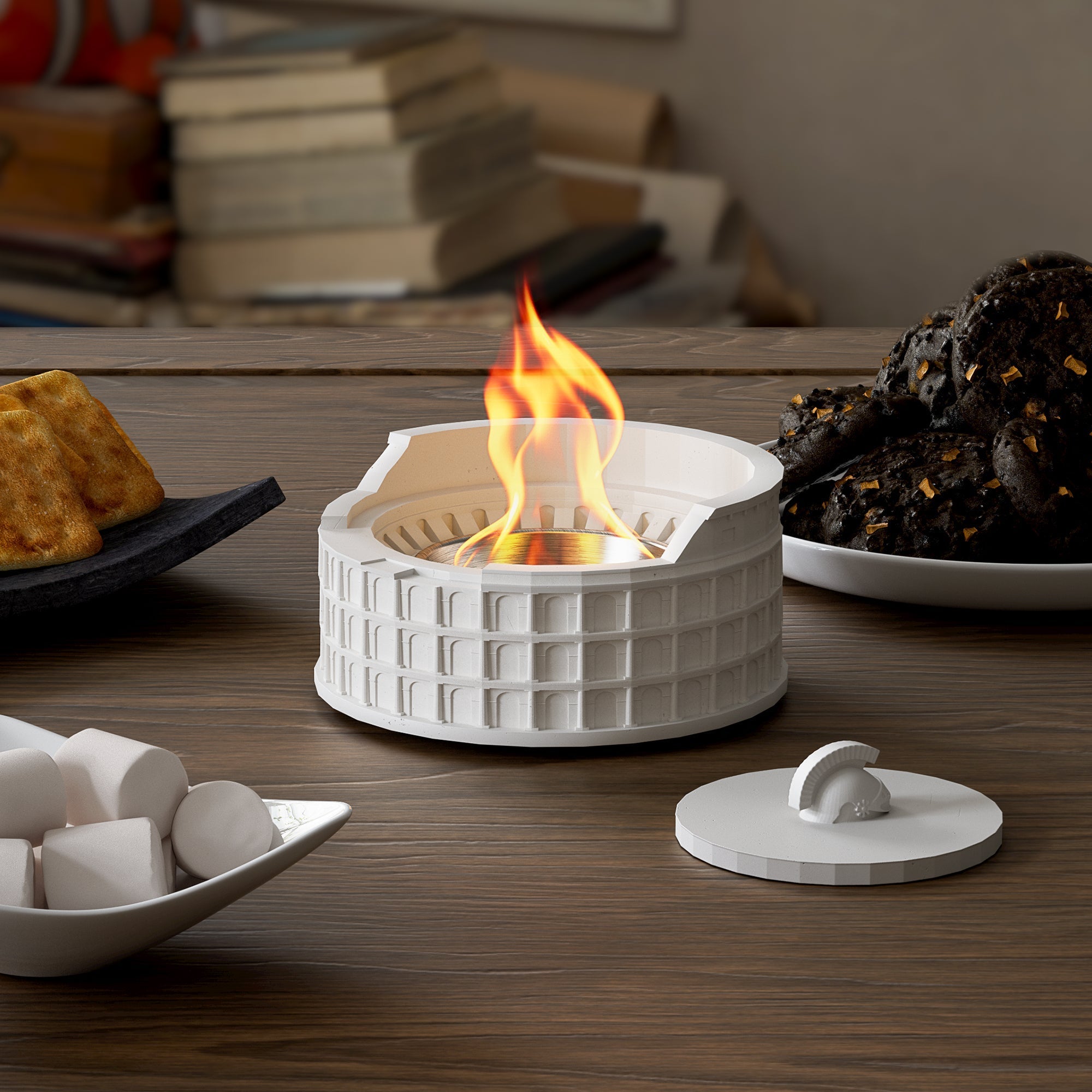 Colosseum Tabletop Fire Pit burning clean flame indoors with no smoke, portable concrete design for cozy ambiance.