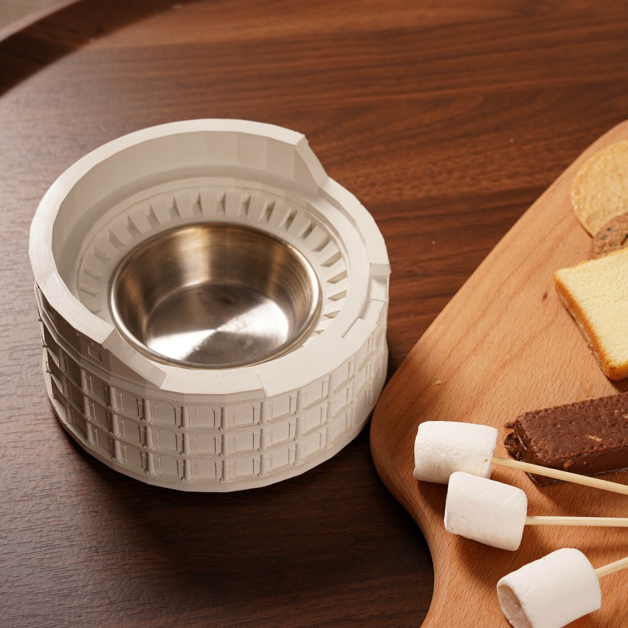 Colosseum Tabletop Fire Pit in concrete design with stainless steel burner, perfect for smokeless indoor and outdoor warmth.