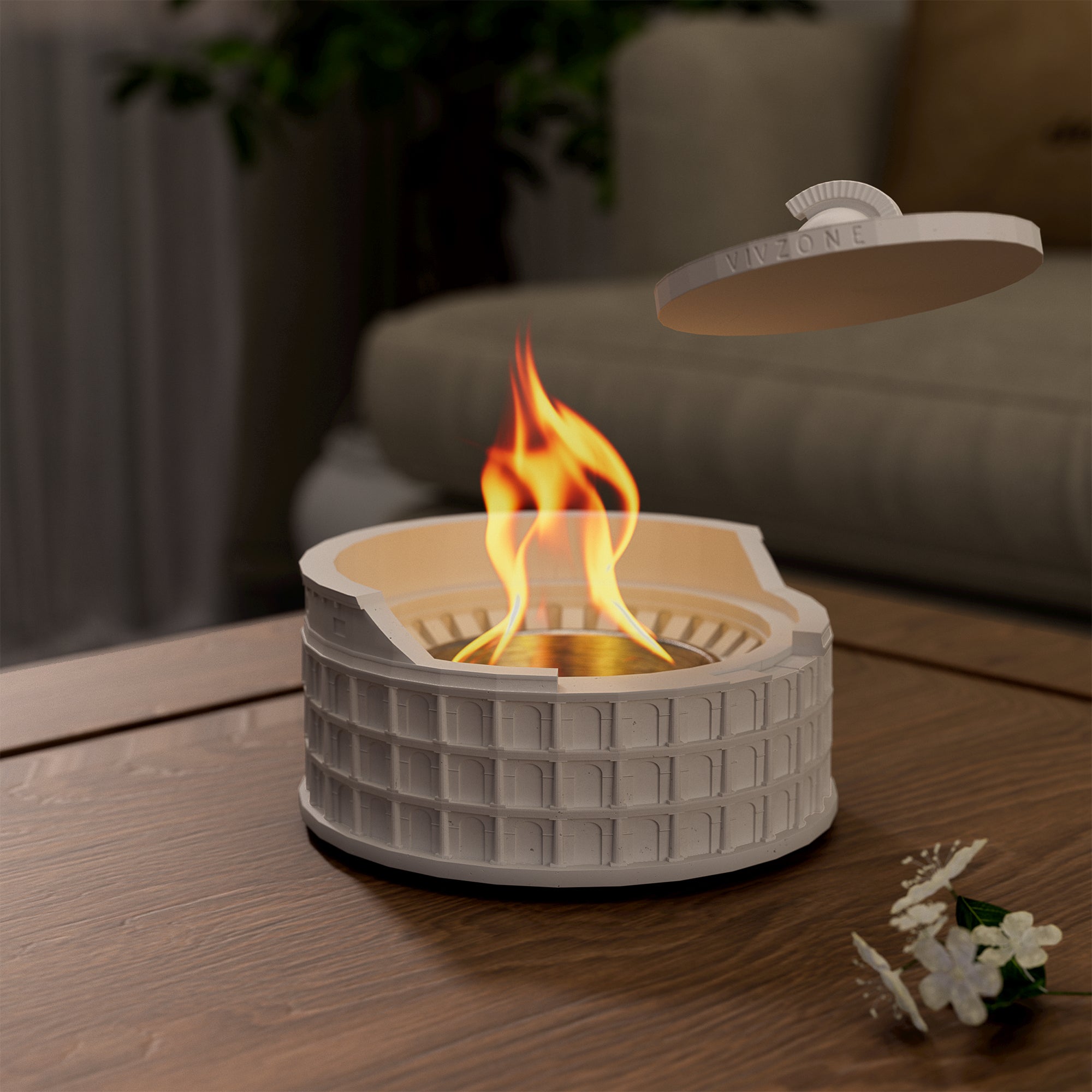 Colosseum Tabletop Fire Pit with clean-burning flame, portable concrete design, perfect for indoor and outdoor ambiance.