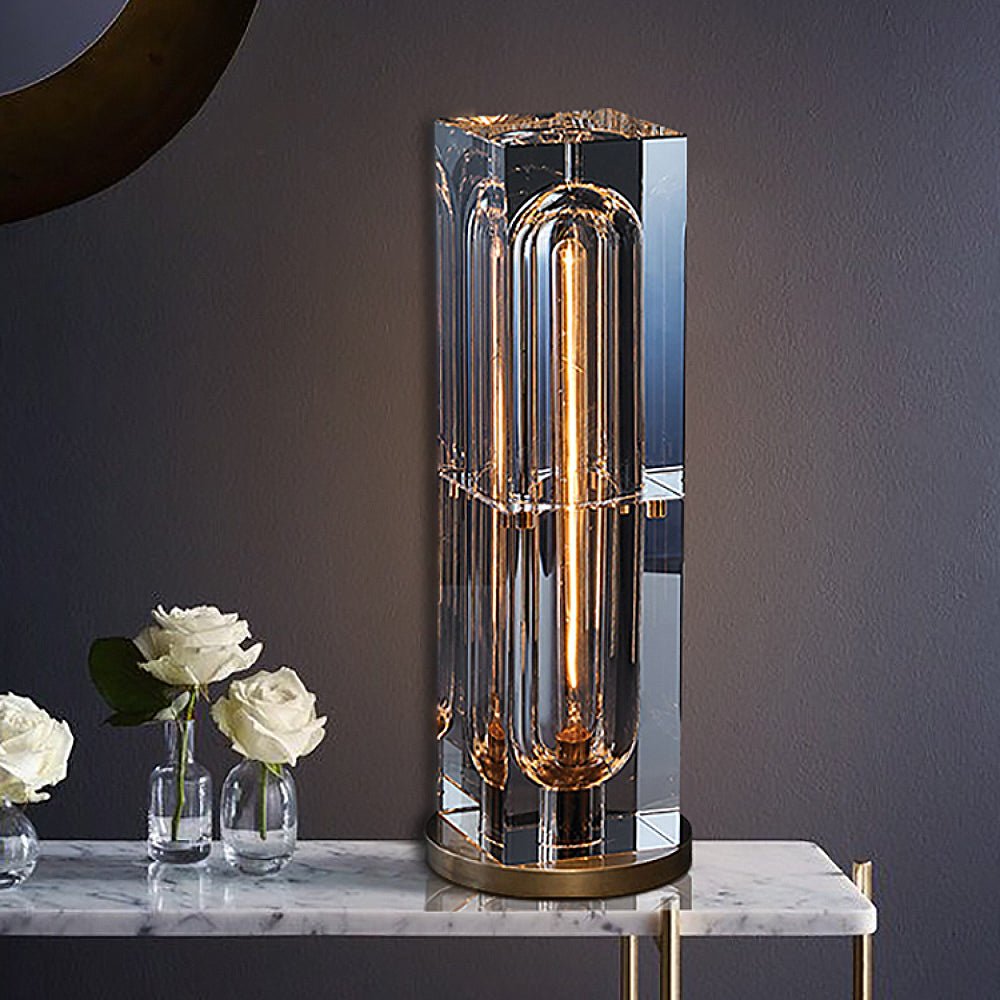 Crystal Bedside Table Lamp with crystal shade and brass base providing elegant, adjustable LED lighting for bedside ambiance.