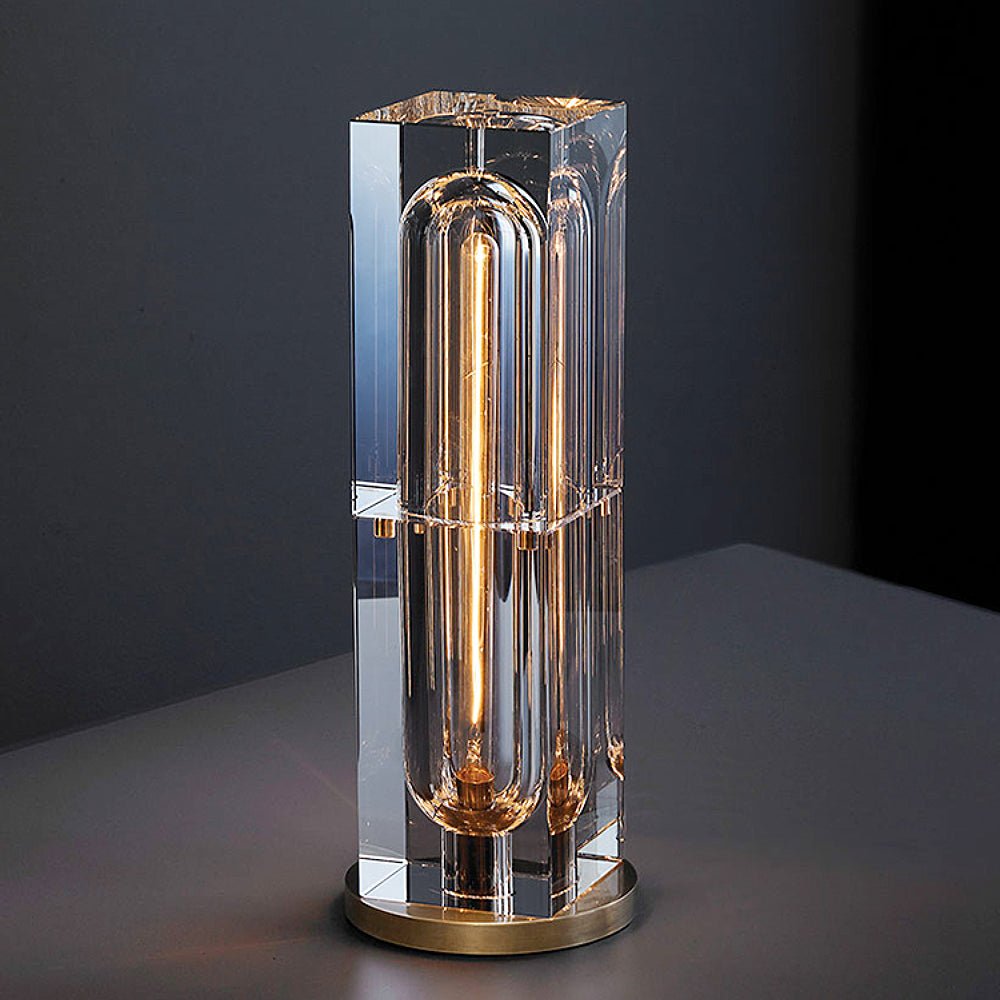Crystal Bedside Table Lamp with sleek crystal shade and brass base, offering elegant, adjustable LED lighting for refined spaces.
