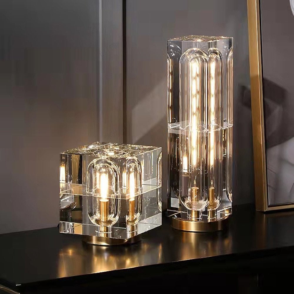 Crystal Bedside Table Lamp with crystal shade and brass base, elegant LED lighting for refined bedside ambiance.