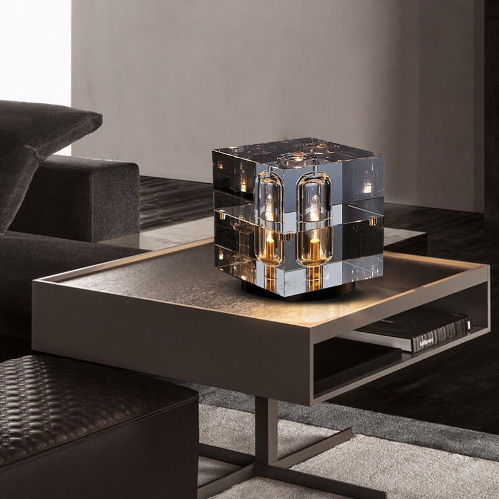 Crystal Bedside Table Lamp with crystal shade and brass base on a modern side table in stylish living room.
