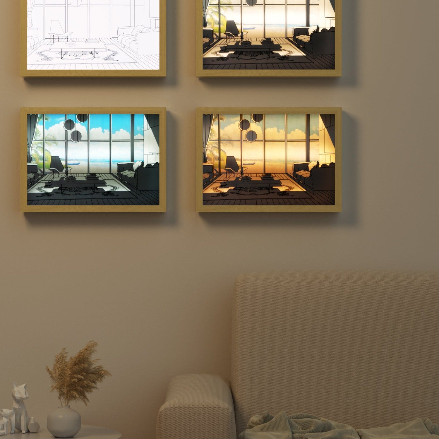 Decorative LED Paintings, Wall Lights, Table Decor showing dynamic glowing artwork in living room setting.