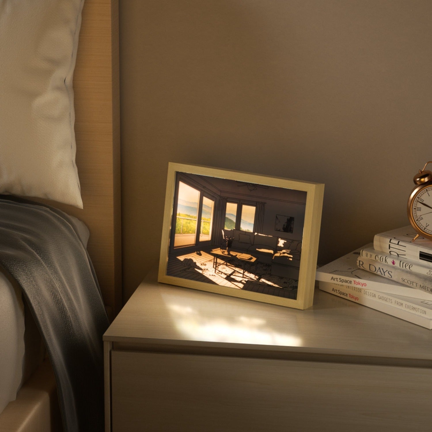 Decorative LED Paintings, Wall Lights, Table Decor showing glowing acrylic artwork on bedside table in warm room light.