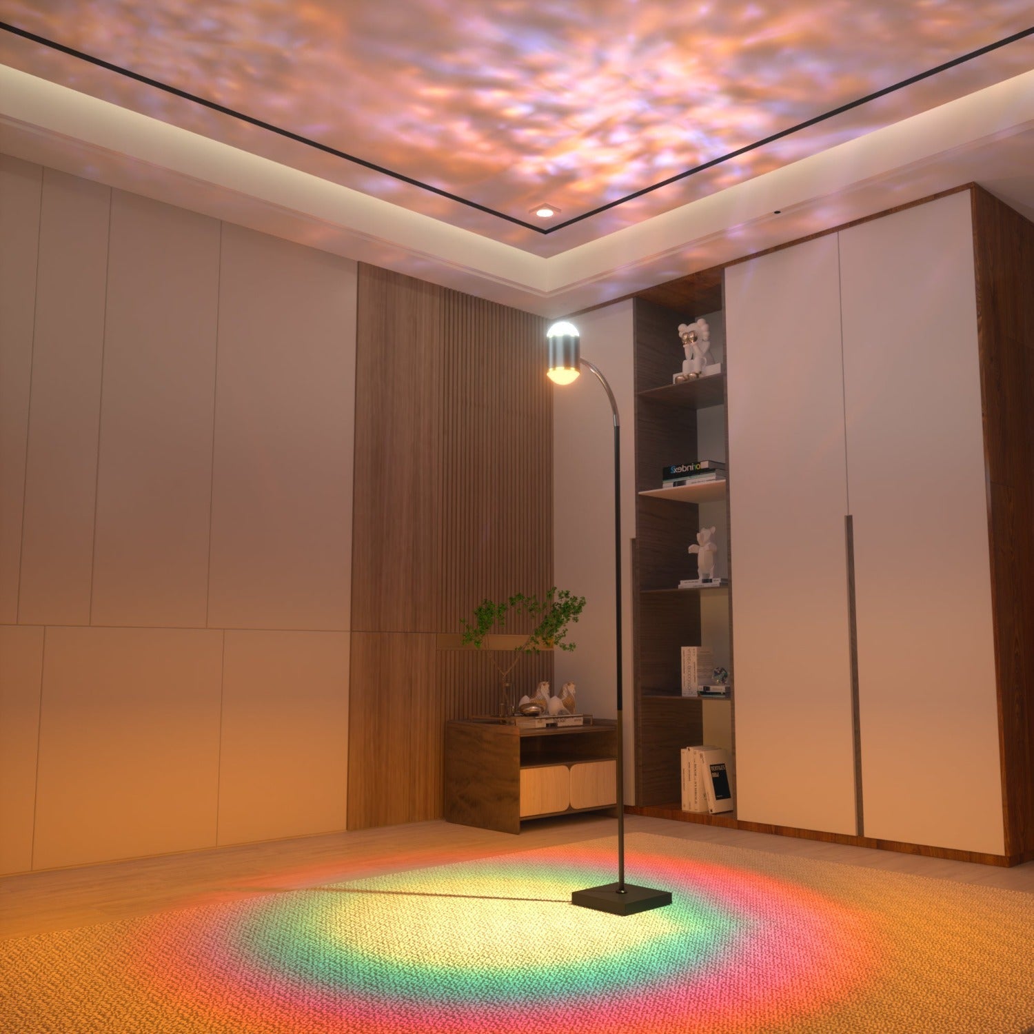 Dual Head Aurora Sunset Projector Floor Lamp casting warm sunsets and colorful ripples for ambient room lighting.