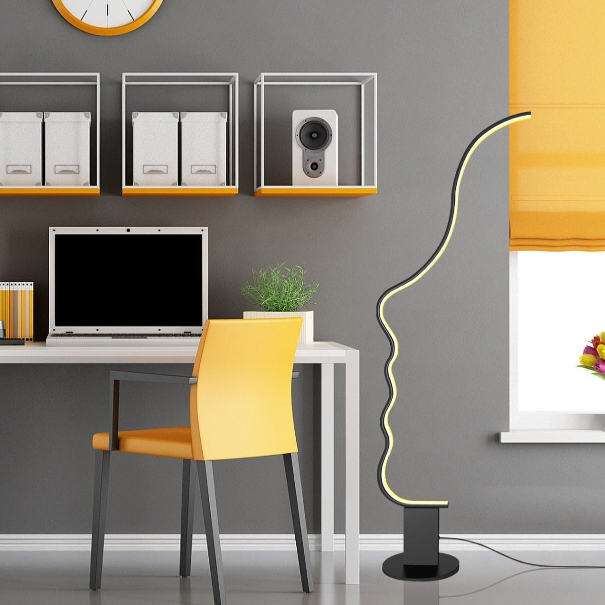 Edward Visage RGB Lamp standing floor lamp with human face silhouette and customizable LED lighting in modern workspace.