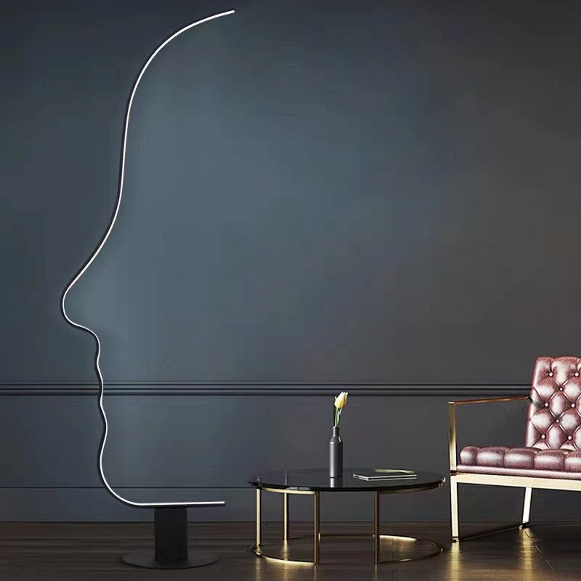 Edward Visage RGB Lamp with stylized human face silhouette, modern LED lighting, dimmable and programmable for indoor use.