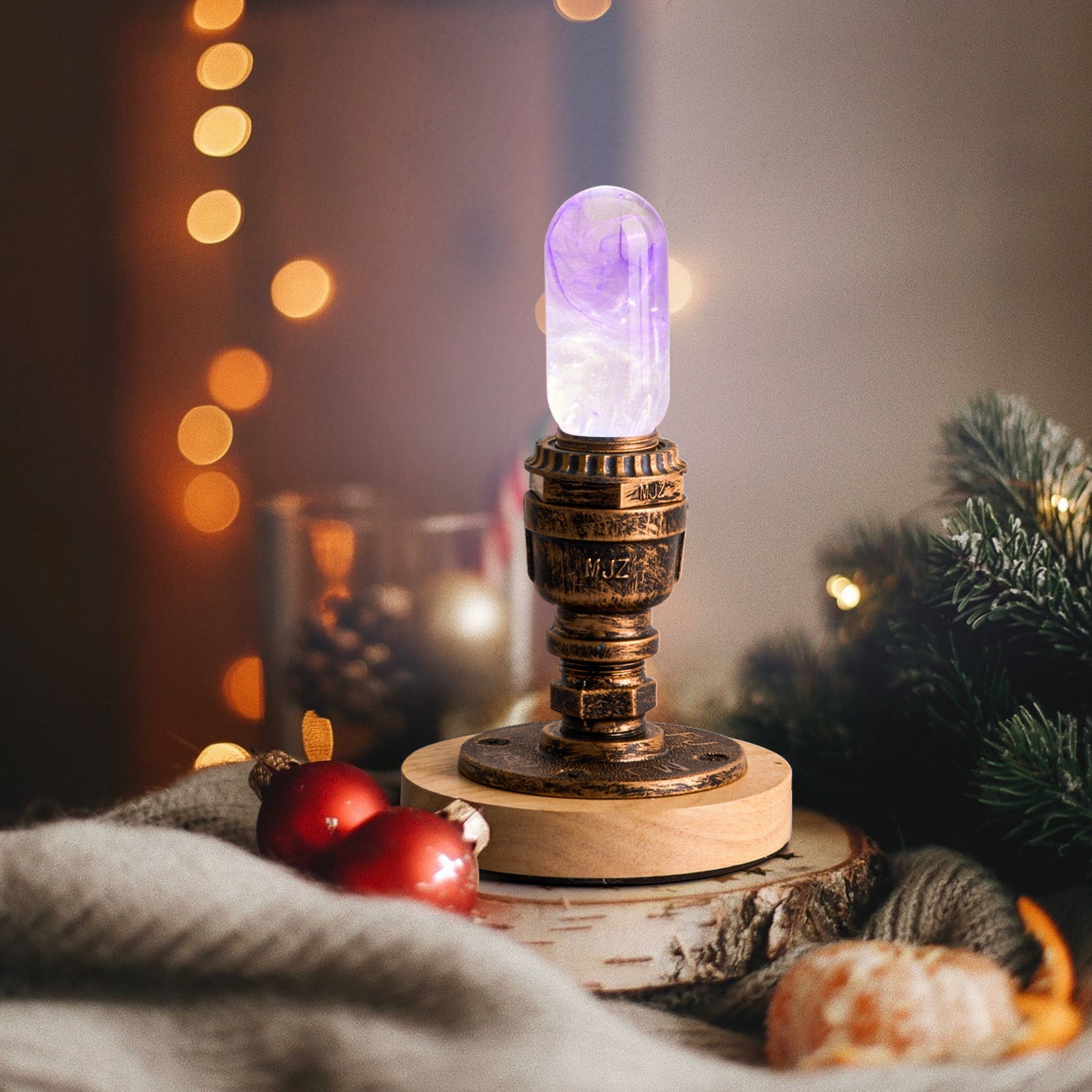 EP Light - Amethyst handcrafted eco-resin bulb glowing with unique purple patterns on vintage wooden base.