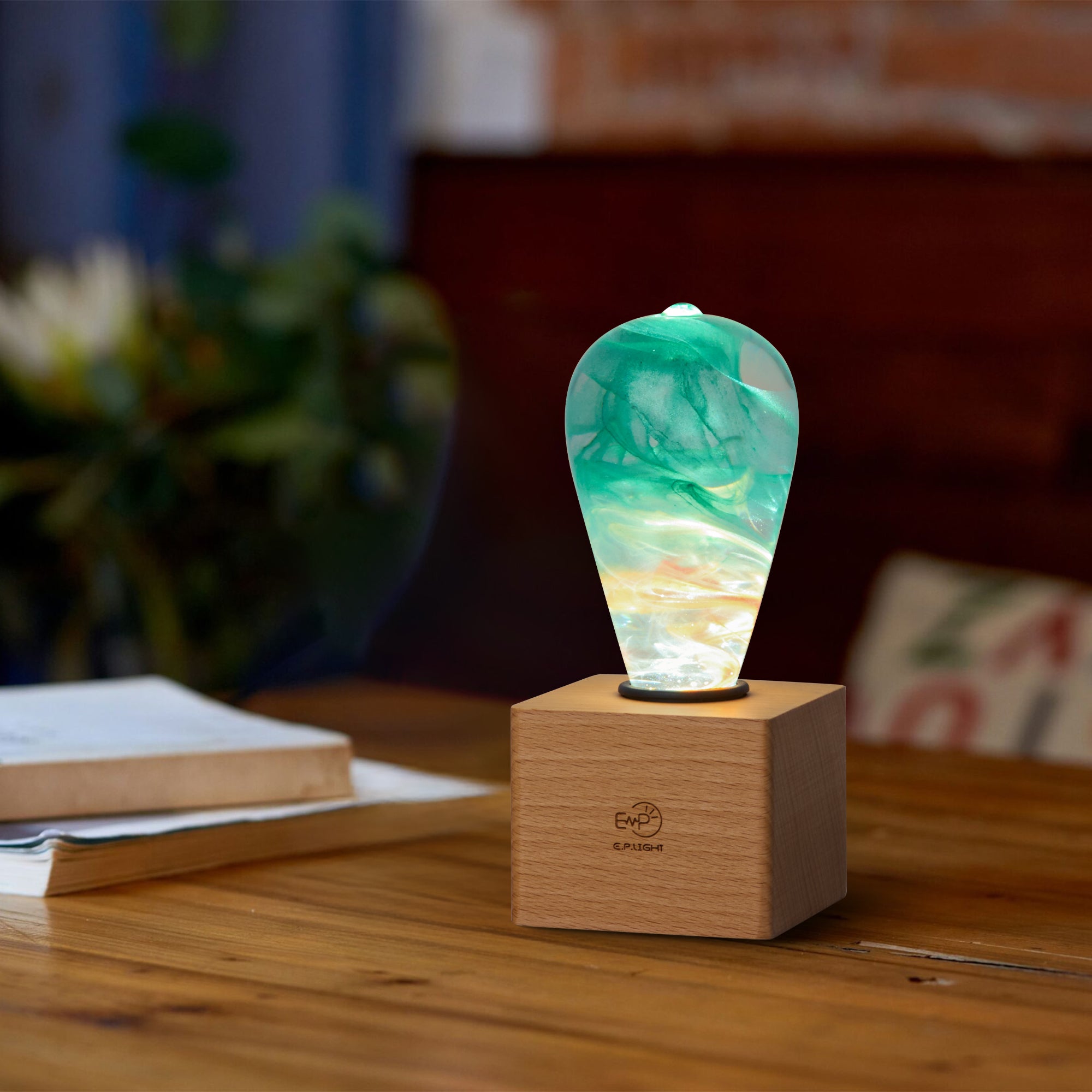 EP Light - Aquaria lamp with unique ocean-inspired eco-resin design on wooden base, energy-saving LED, perfect for serene decor.