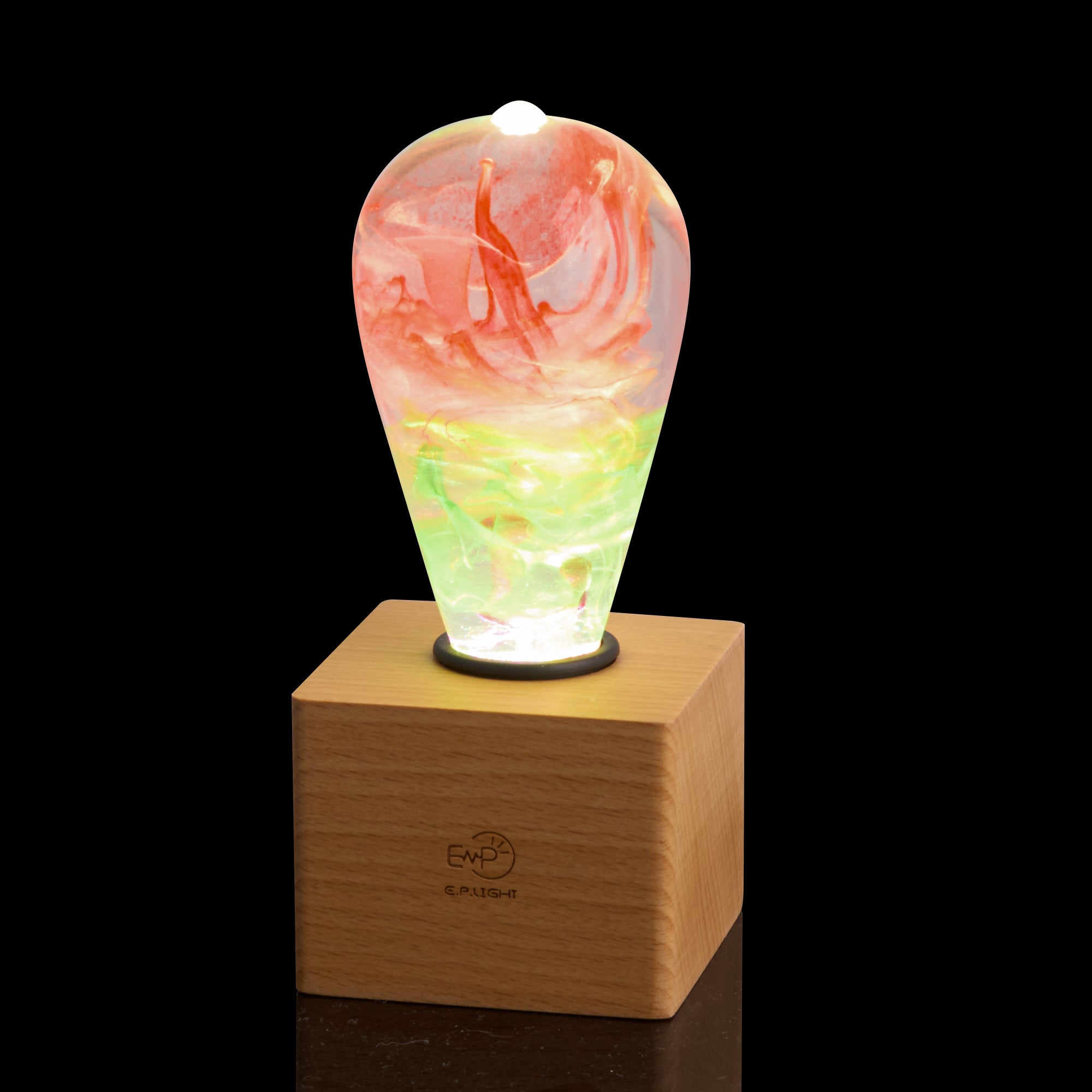 EP Light - Coral handcrafted LED bulb with vibrant ocean-inspired resin design on wooden base for unique ambient lighting.