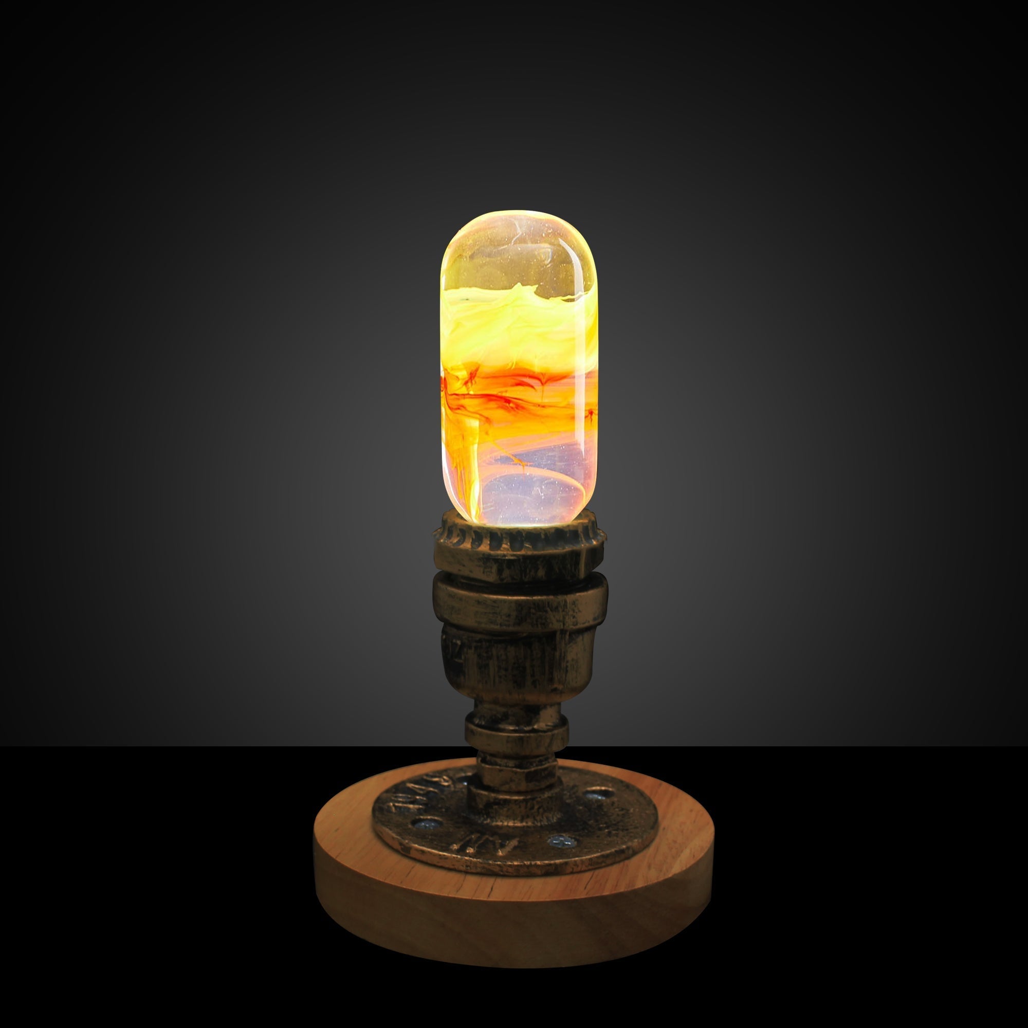 EP Light - Flame bulb glowing with warm ember-like light in handcrafted eco-resin design, safe and stylish mood lighting.