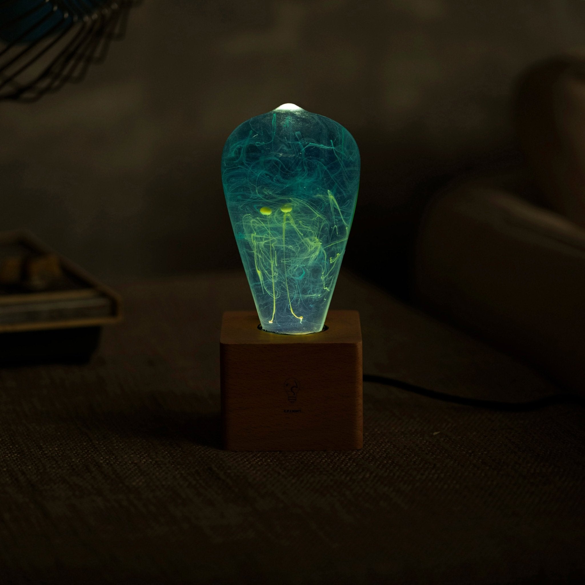 EP Light - Mind lamp glowing with unique blue eco-resin design, creating a calm and creative atmosphere.