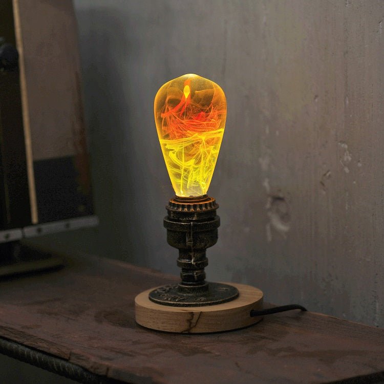 EP Light - Solar Corona handcrafted solar halo LED lamp casting radiant warm glow on wooden base.