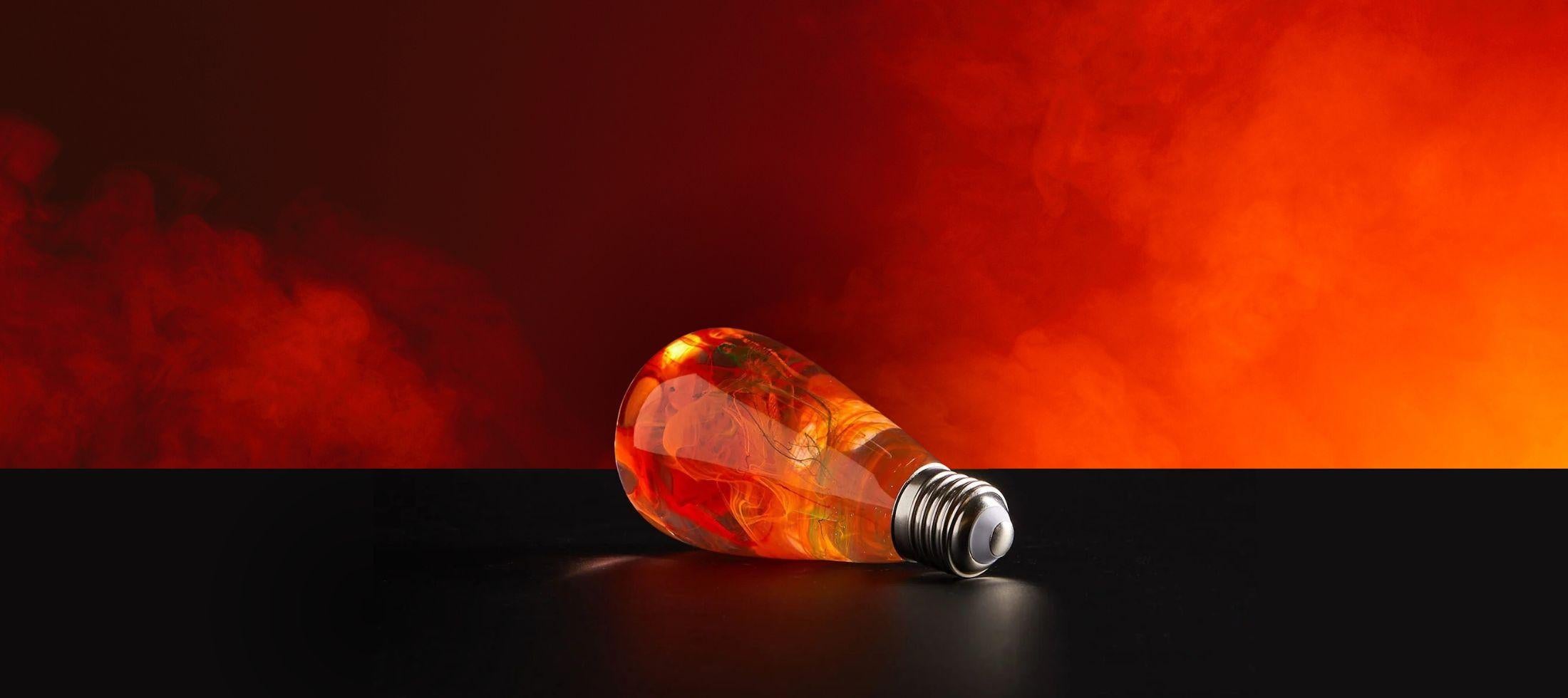 Decorative LED bulb featuring vivid red and orange fire-like swirls, resting on a black surface with a fiery gradient background.