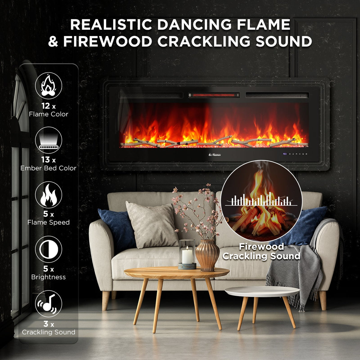 In Flames INF50W-3D WiFi Smart Wall Mounted Electric Fireplace - Tempered Glass