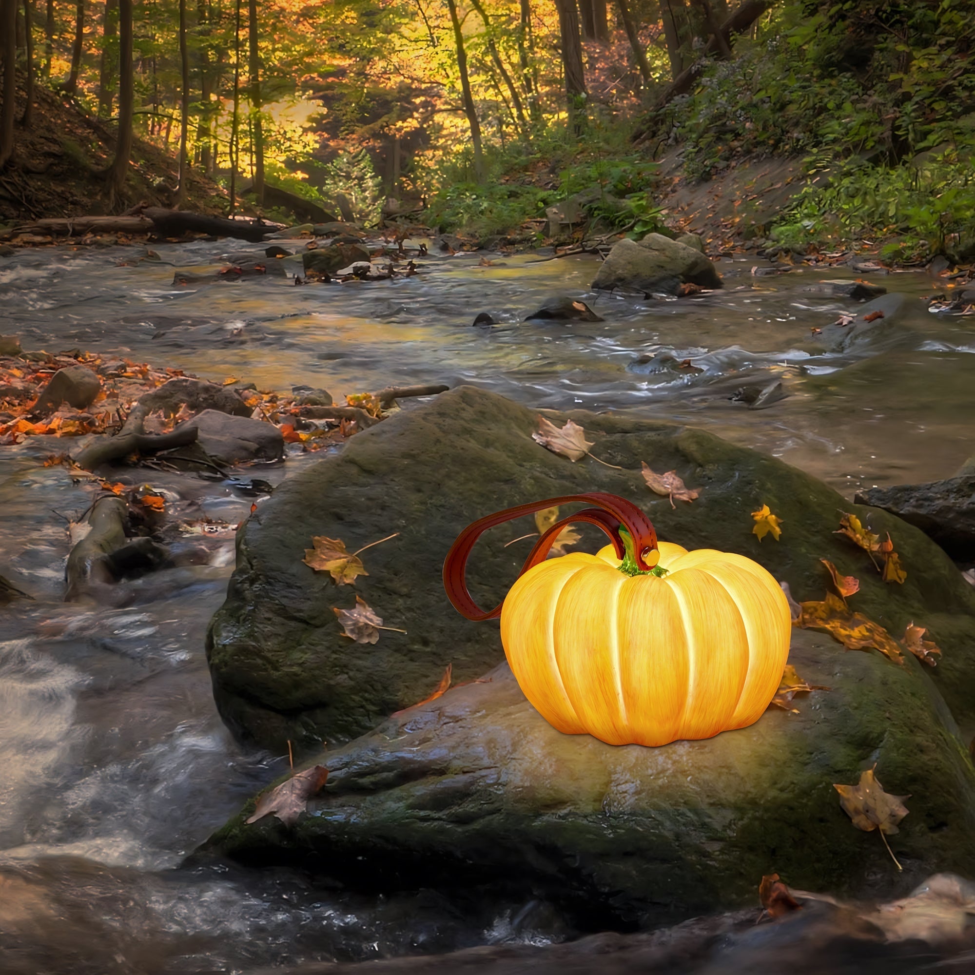 Indoor & Outdoor Pumpkin Lantern glowing warmly on a rock in a serene autumn stream setting.