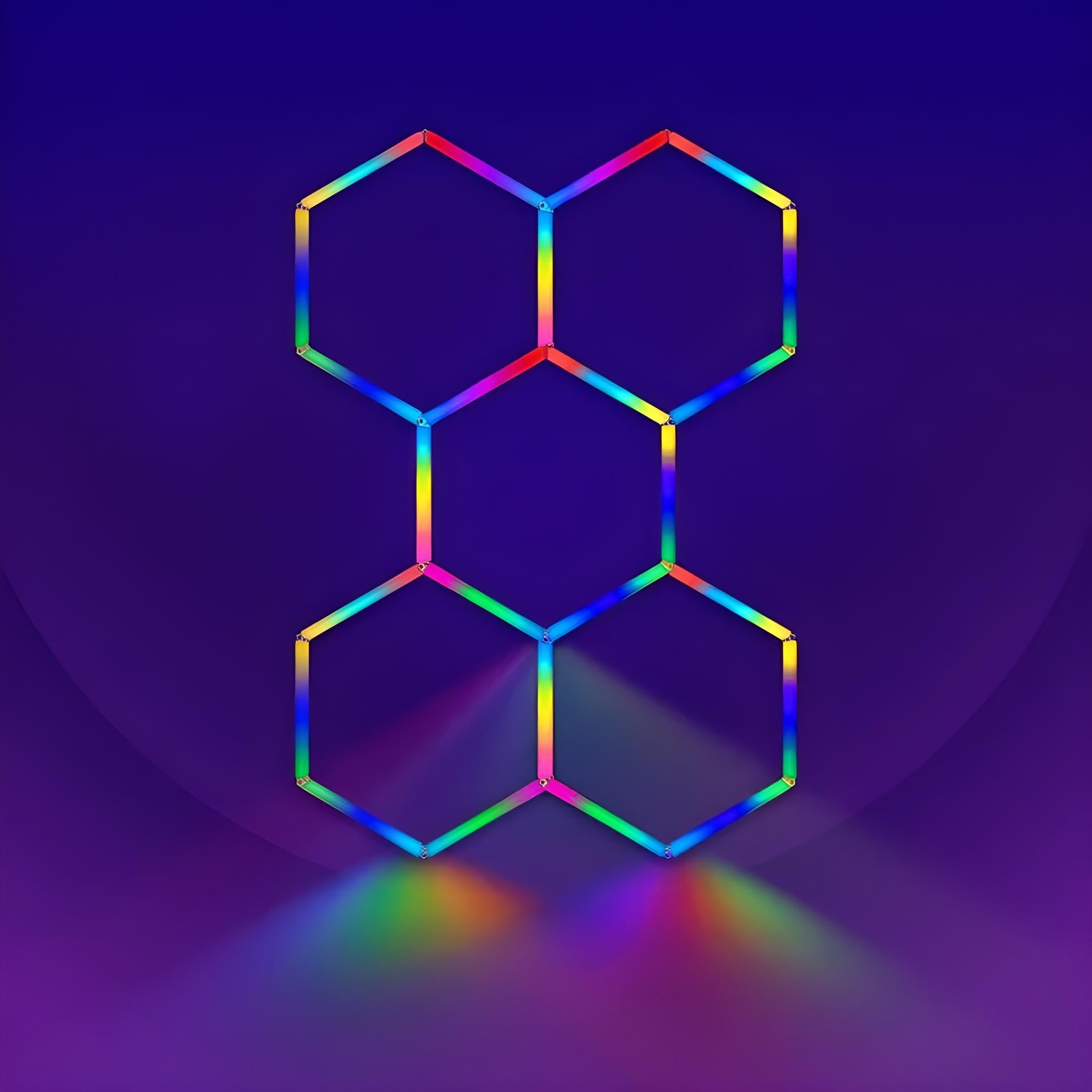 LED Hexagon Light displaying vibrant rainbow colors in a modular hexagonal wall design for creative ambiance.