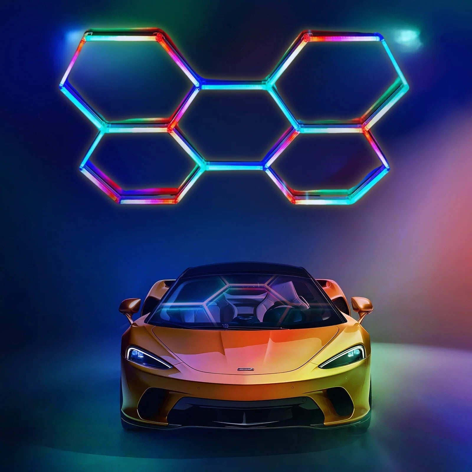 LED Hexagon Light illuminating a modern space with vibrant color and dynamic hexagonal design above a sports car.