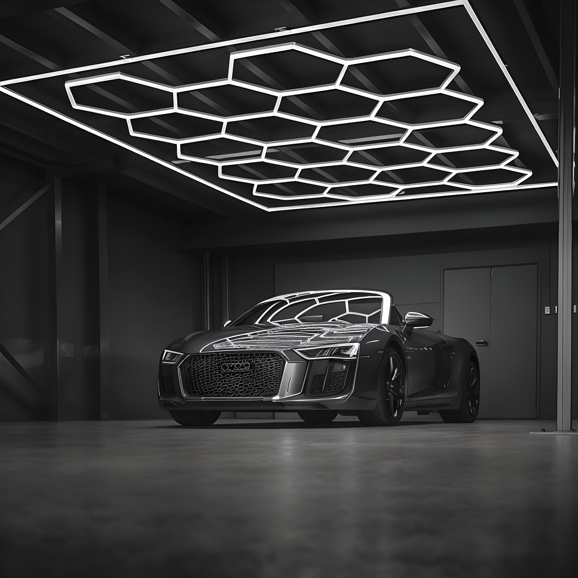 LED Hexagon Light illuminating a sleek modern garage with dynamic, bold geometric ceiling design.