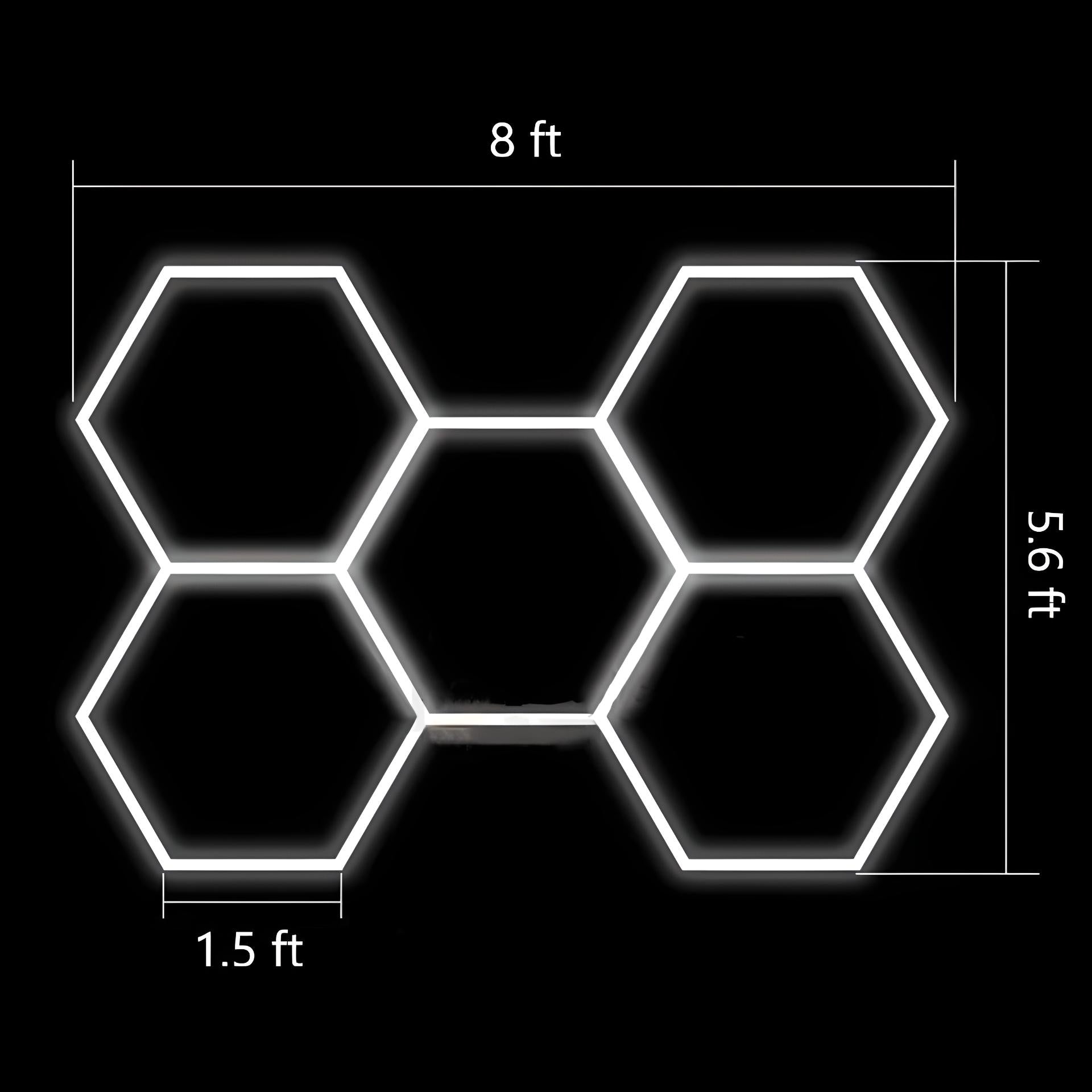 LED Hexagon Light showing six connected hexagon shapes with dimensions for creative wall lighting.