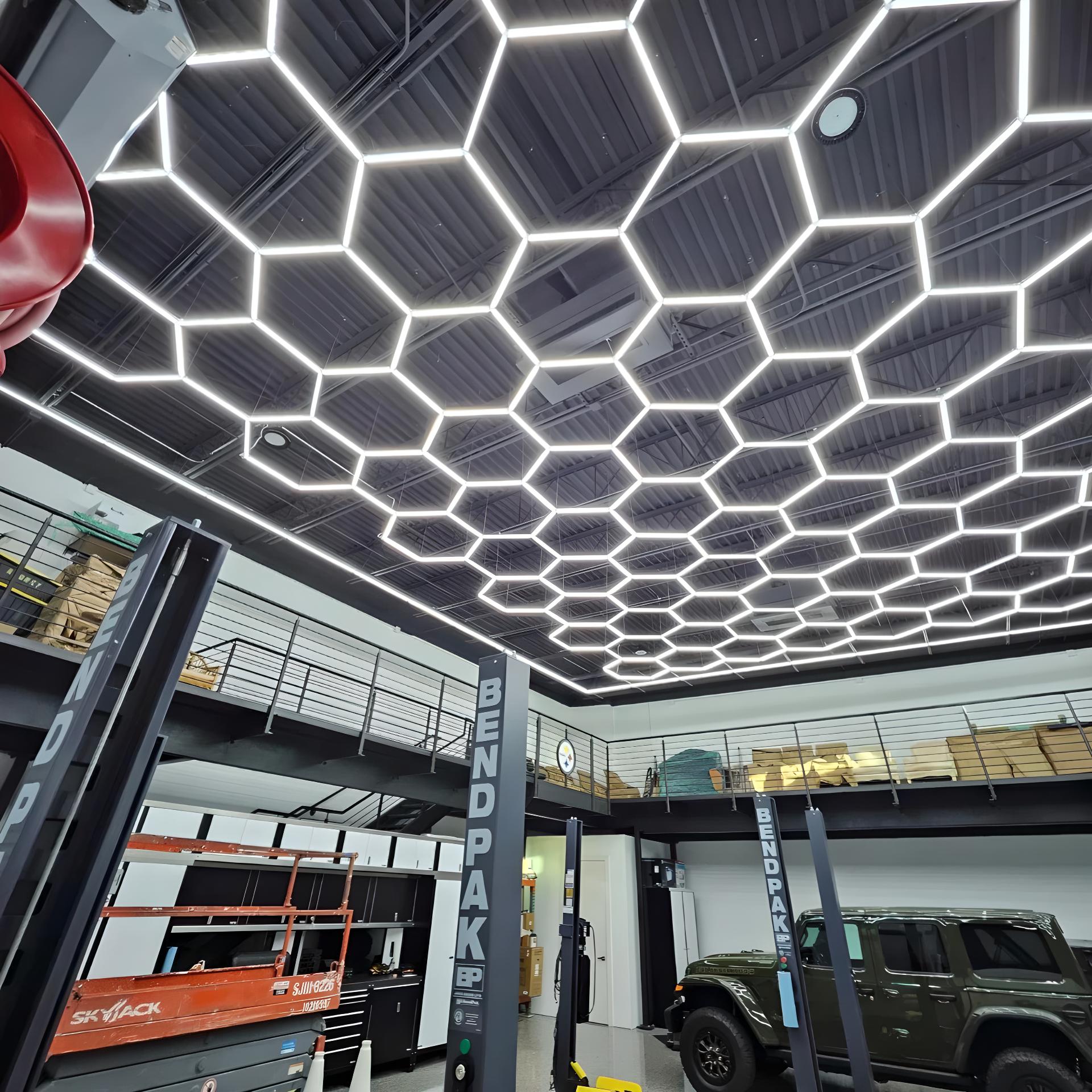 LED Hexagon Light showcasing a bold geometric ceiling design with bright, modern LED illumination.