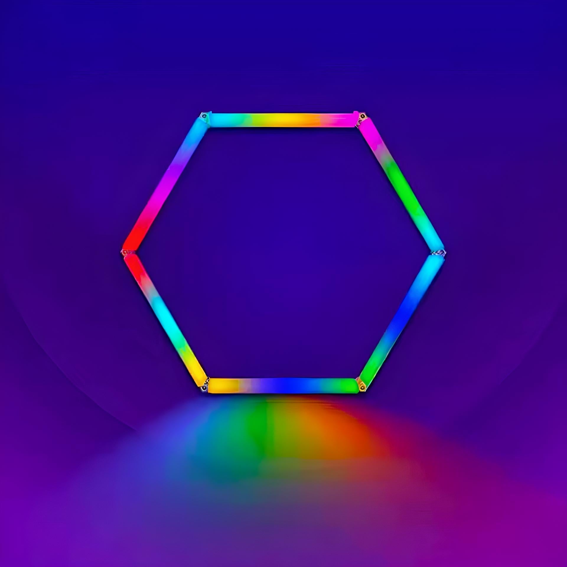LED Hexagon Light displaying vibrant rainbow colors in a hexagonal shape, perfect for creative, dynamic wall decor.