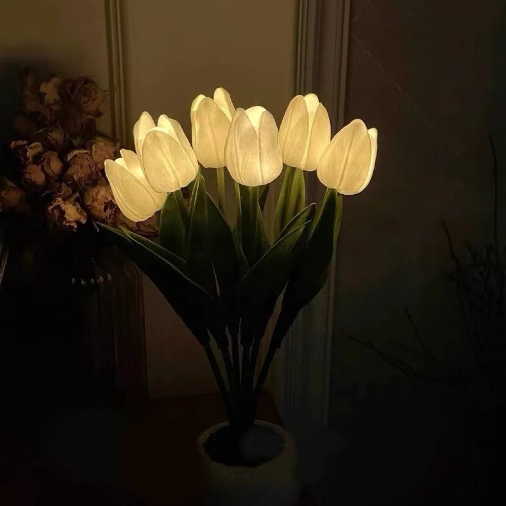 LED Tulip Bouquet Light softly illuminates with realistic PU tulips, adding elegant, battery-powered ambiance to any room.