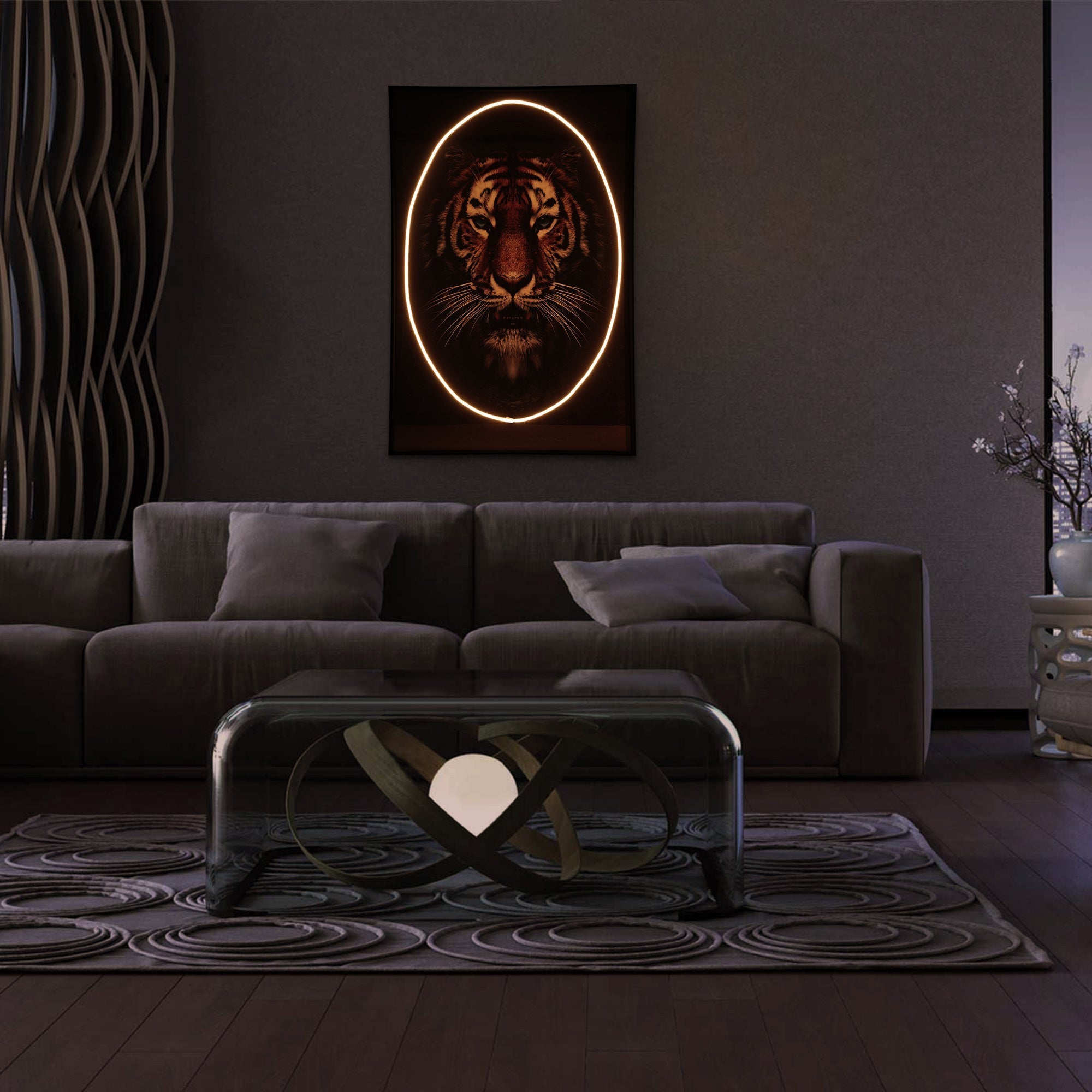 Lion Wall Art with LED Light illuminating a modern living room with bold, adjustable glow and sleek design.