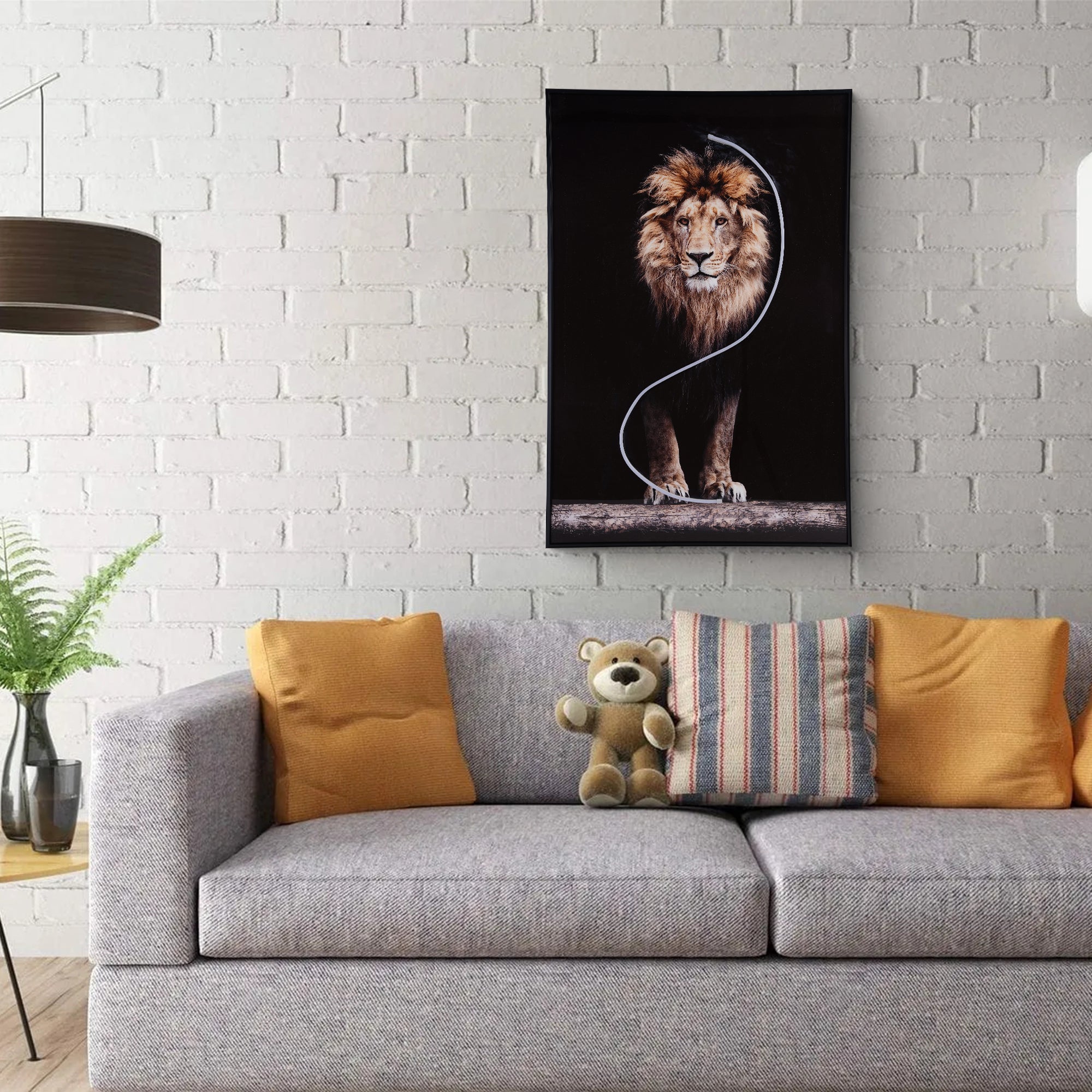 Lion Wall Art with LED Light displayed above couch, adding bold energy and style to modern living room decor.