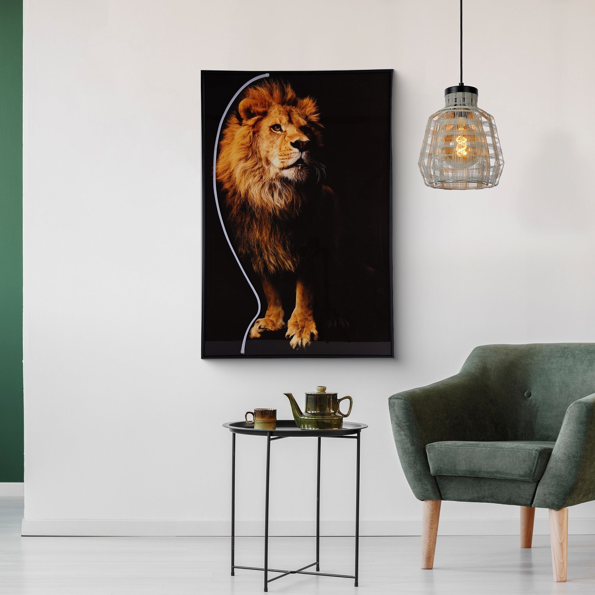 Lion Wall Art with LED Light featuring a striking lion image with sleek aluminum frame and adjustable LED glow.