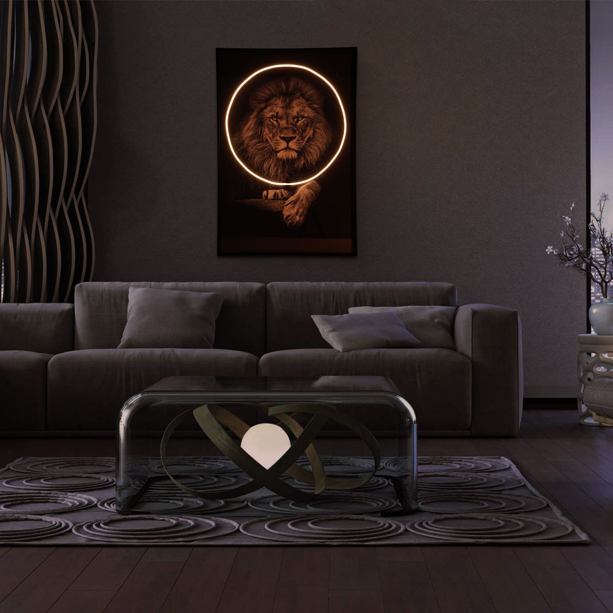 Lion Wall Art with LED Light glowing on a modern living room wall, adding bold energy and style.