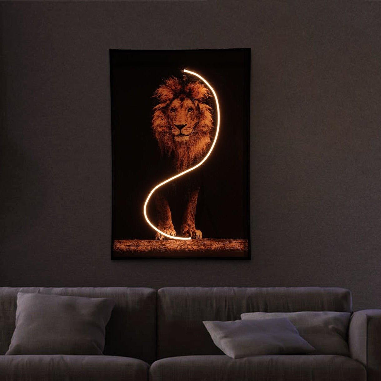 Lion Wall Art with LED Light glowing vibrantly on a dark wall, adding bold energy and style to any room.