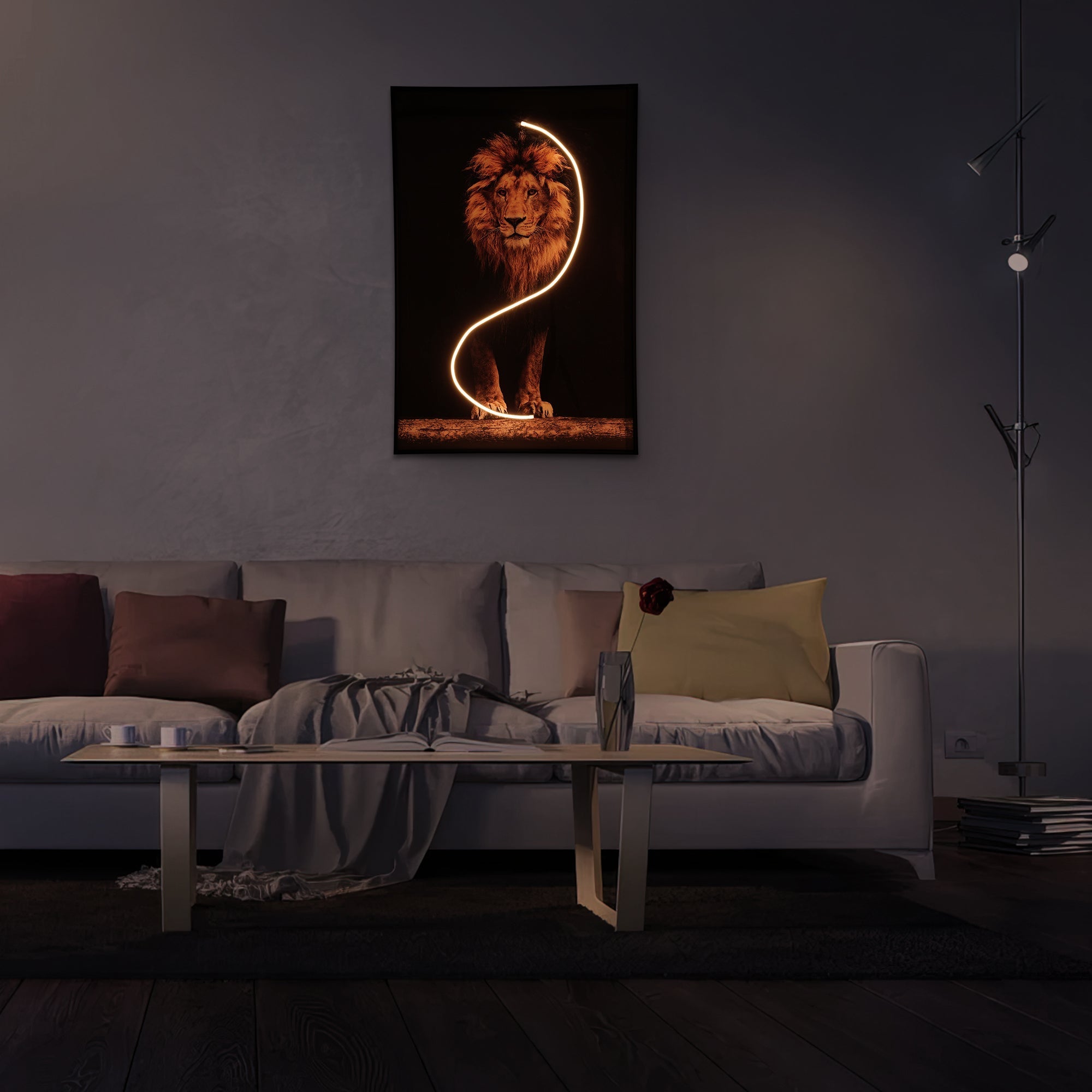 Lion Wall Art with LED Light glowing in a modern living room, adding bold energy and stylish ambiance.