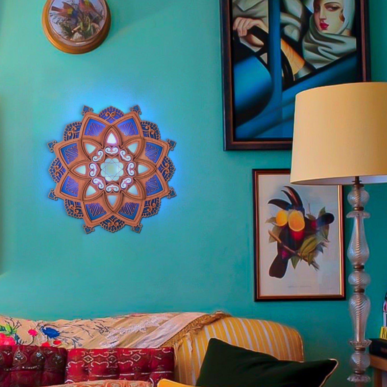 Lotus Mandala Yoga Wall Lamp glowing softly on a teal wall, enhancing peaceful yoga and meditation spaces.
