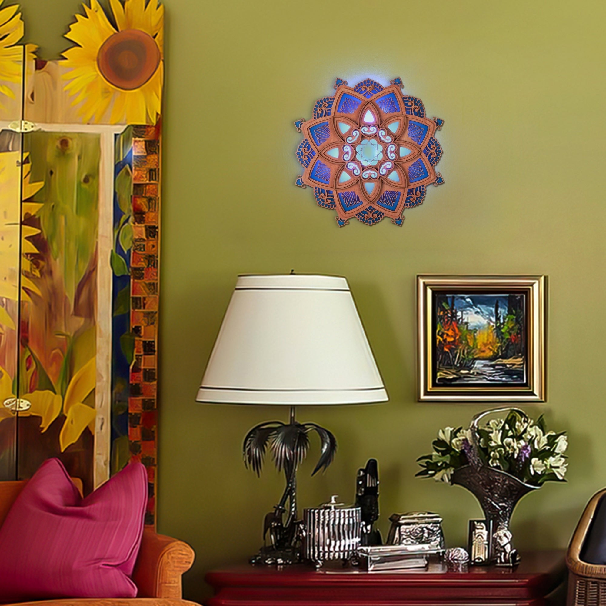 Lotus Mandala Yoga Wall Lamp in natural wood, adding calming light and sacred design to your yoga or meditation space.