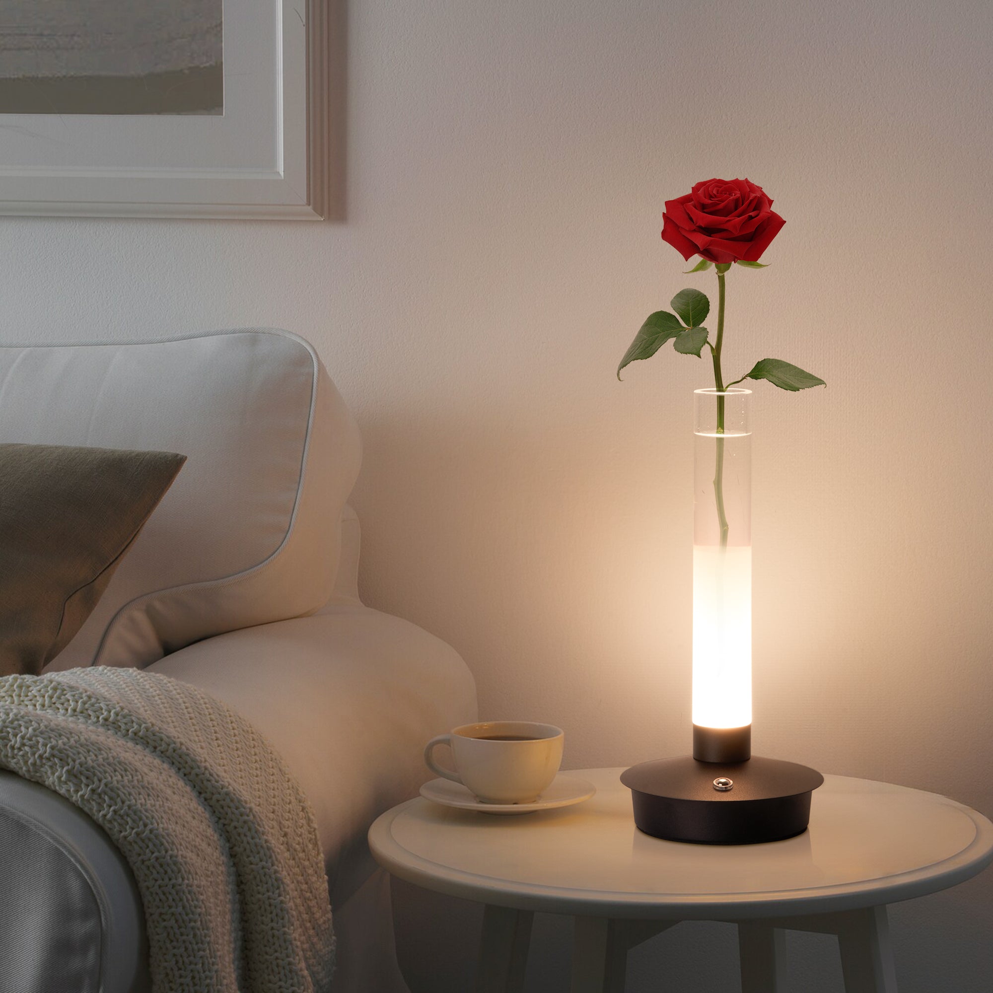Modern Glow Vase with warm LED light illuminating a single red rose, perfect for elegant ambient room decor.