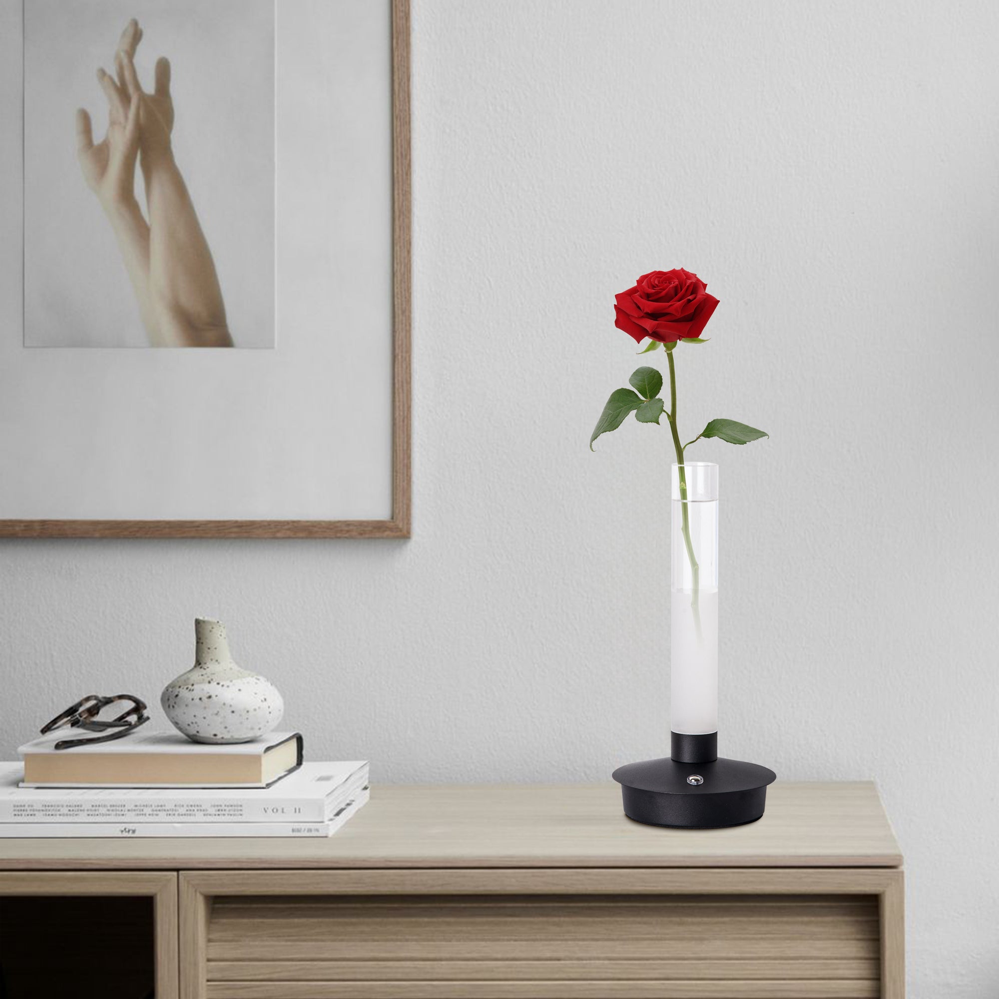Modern Glow Vase with warm LED light, sleek glass design, adding elegant ambient lighting and cozy glow to any room.