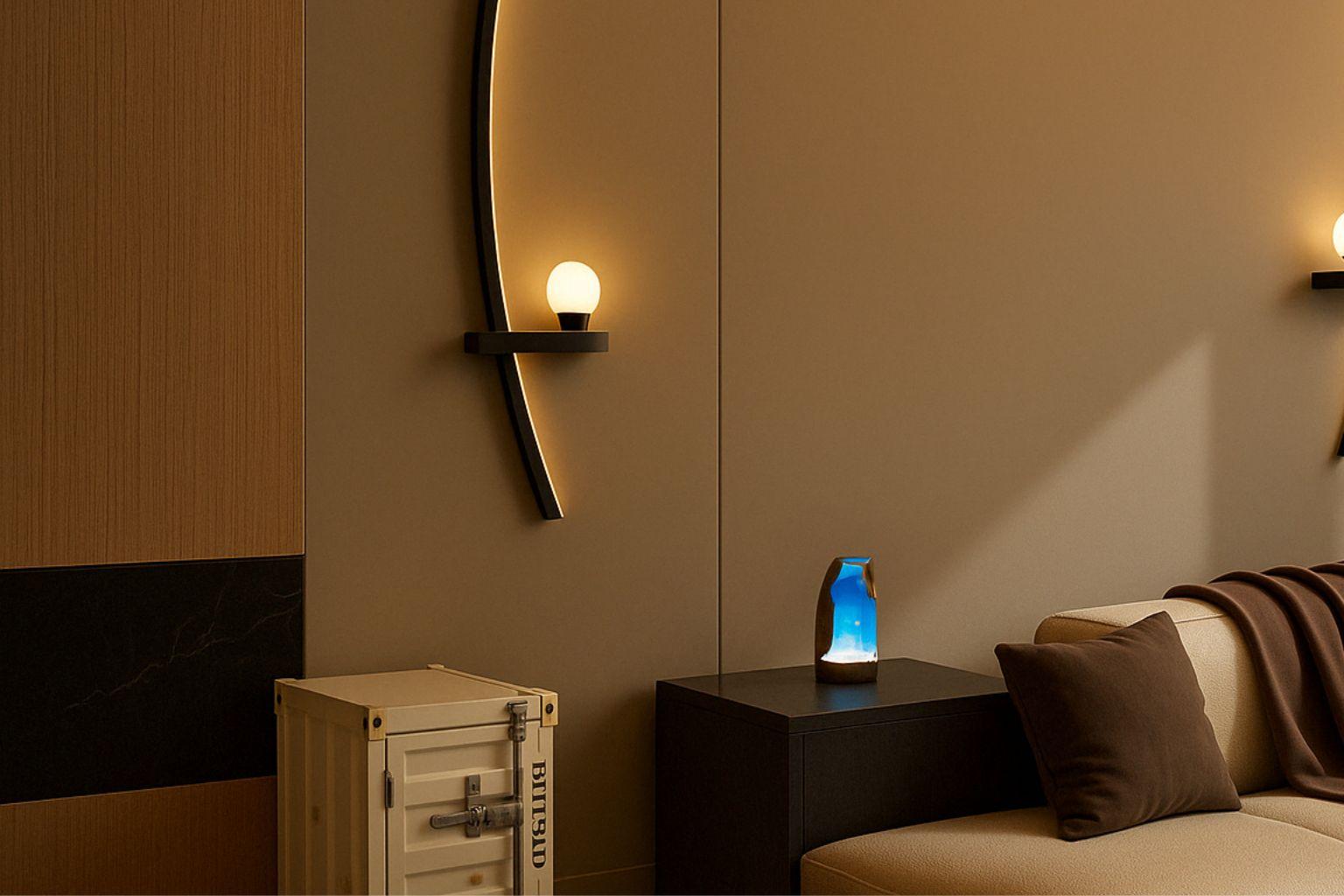Warm-toned modern living room with curved wall sconces, cozy beige sofa, and a sculptural blue ambient lamp on a black side table.