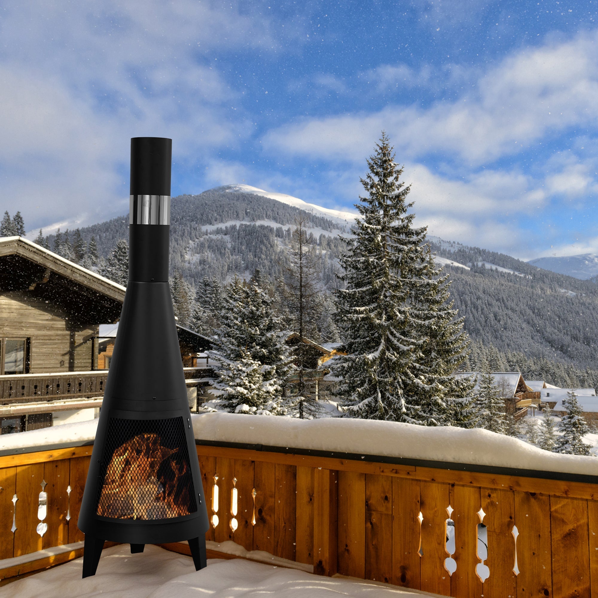 Modern Mesh Chiminea Fireplace on snowy patio, providing warmth and style for outdoor cozy gatherings.