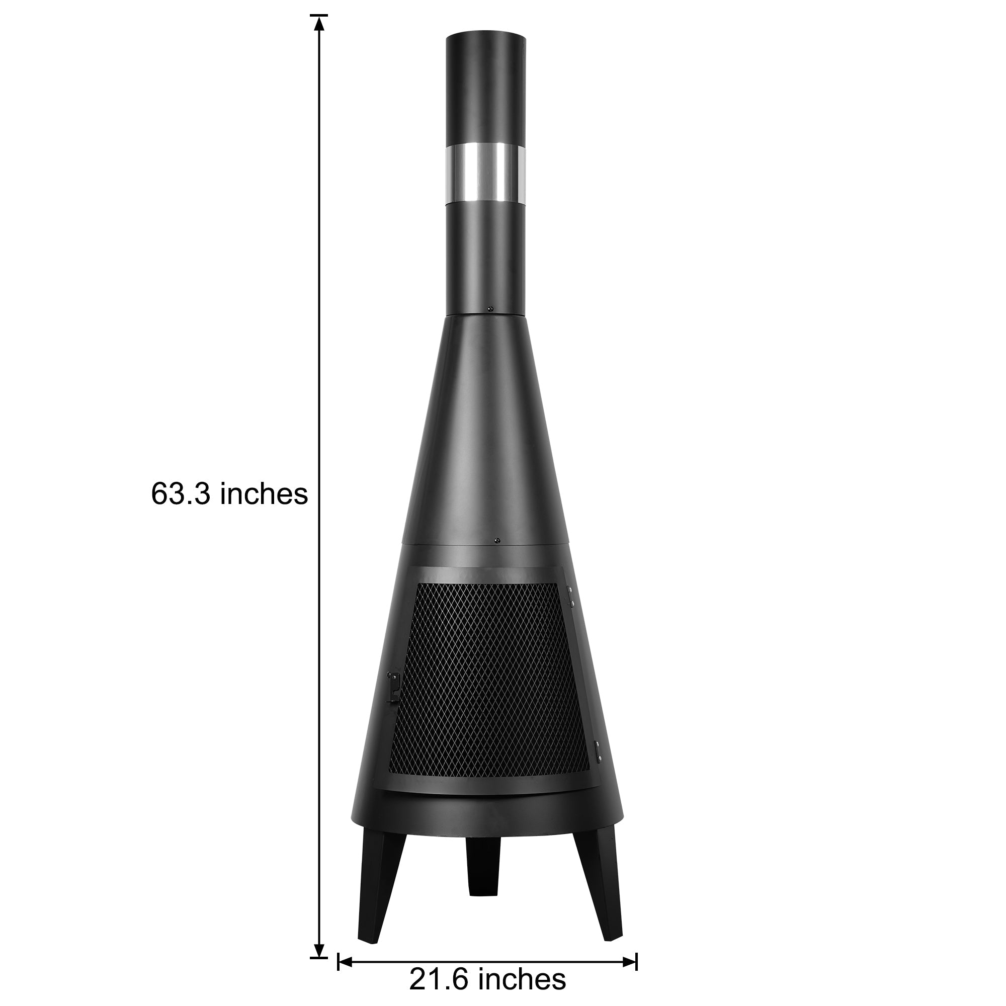 Modern Mesh Chiminea Fireplace in black metal with mesh sides, 63.3 inches tall, perfect for outdoor warmth and style.
