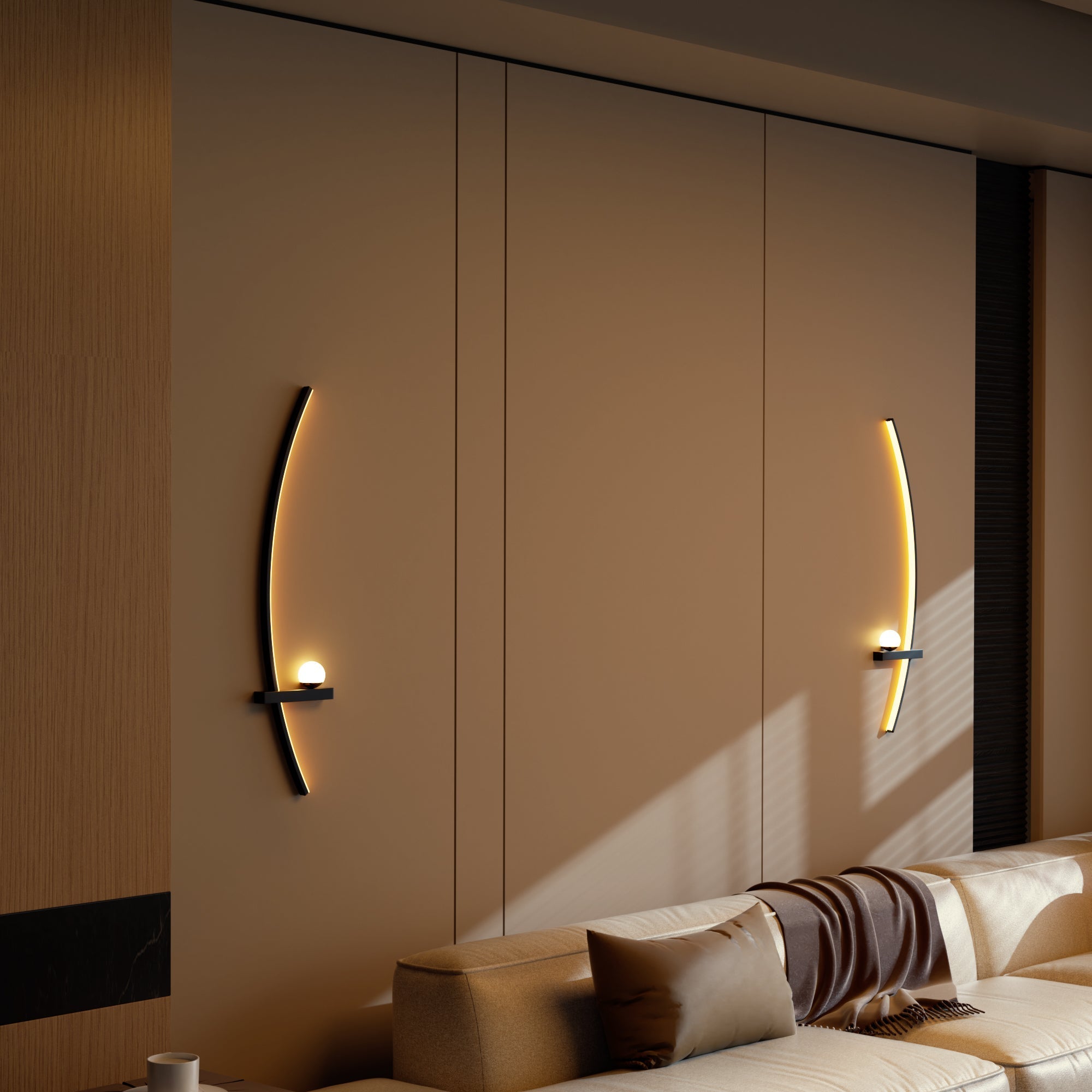 Modern Orb Arc Wall Lamp, 2 Pack illuminating a contemporary living room with warm, sculptural LED arc light design.