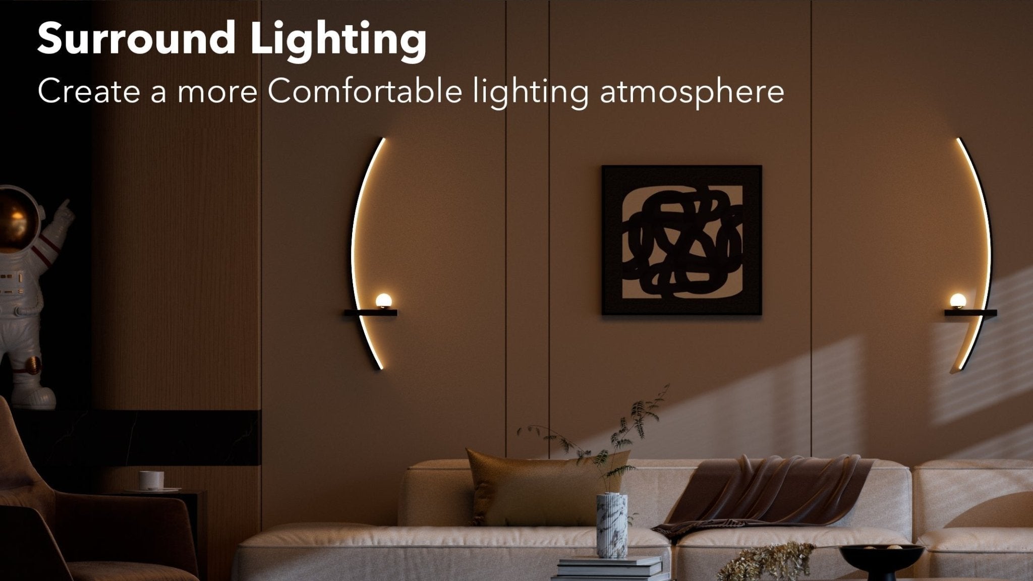 Modern Orb Arc Wall Lamp, 2 Pack illuminating a cozy room with warm and white LED light for ambient surround lighting.