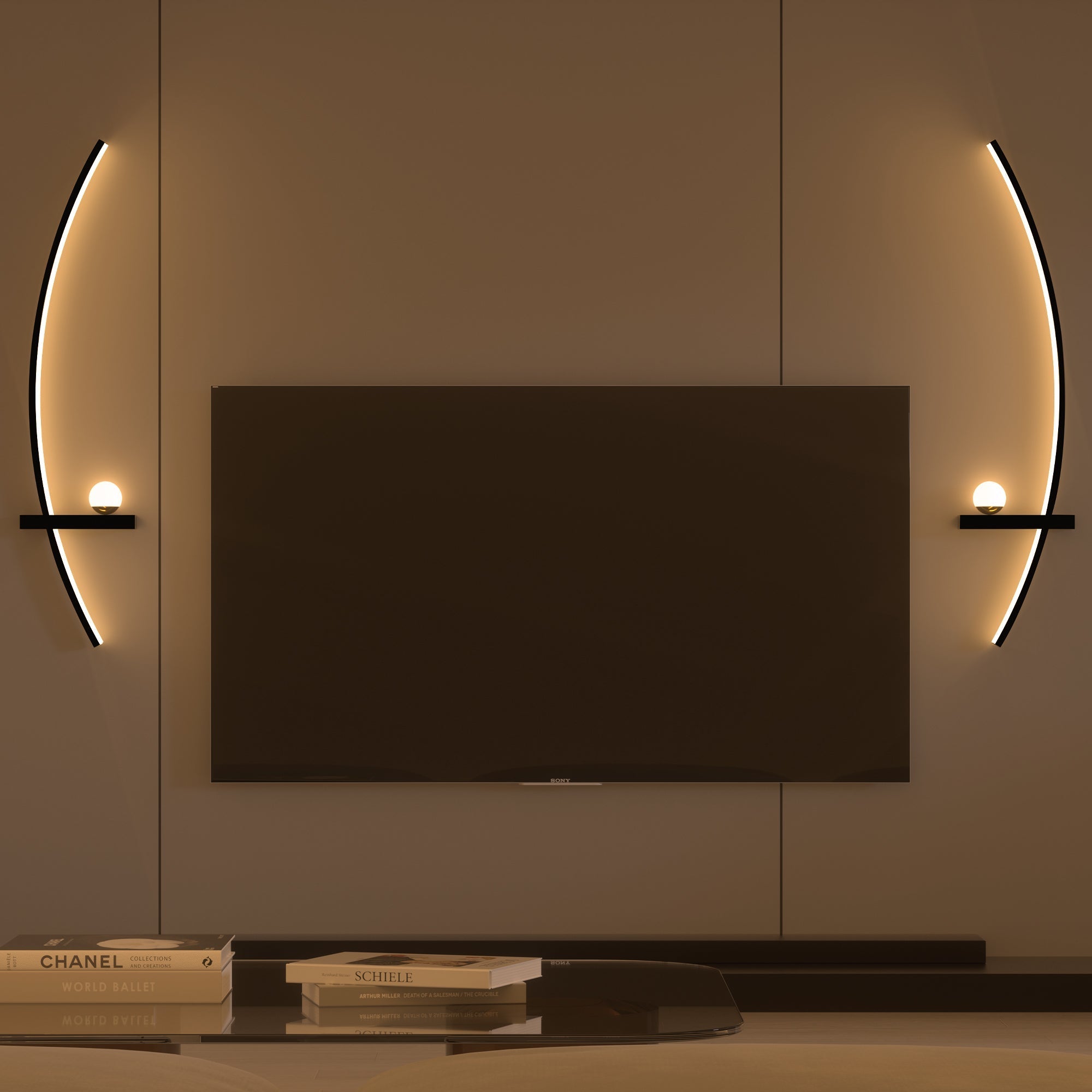 Modern Orb Arc Wall Lamp, 2 Pack illuminating a living room with warm LED light and sleek minimalist arched design.
