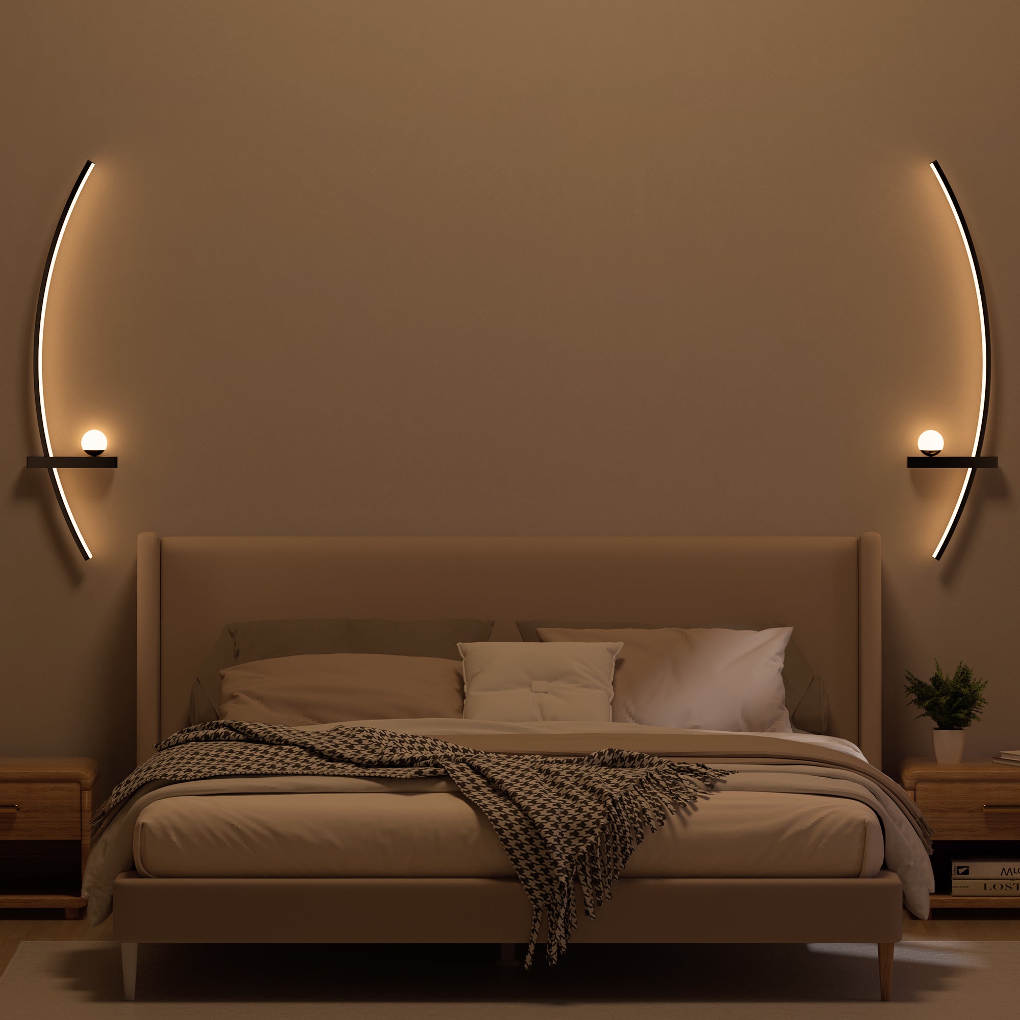 Modern Orb Arc Wall Lamp, 2 Pack with sleek arched LED light strips illuminating a cozy bedroom setting.
